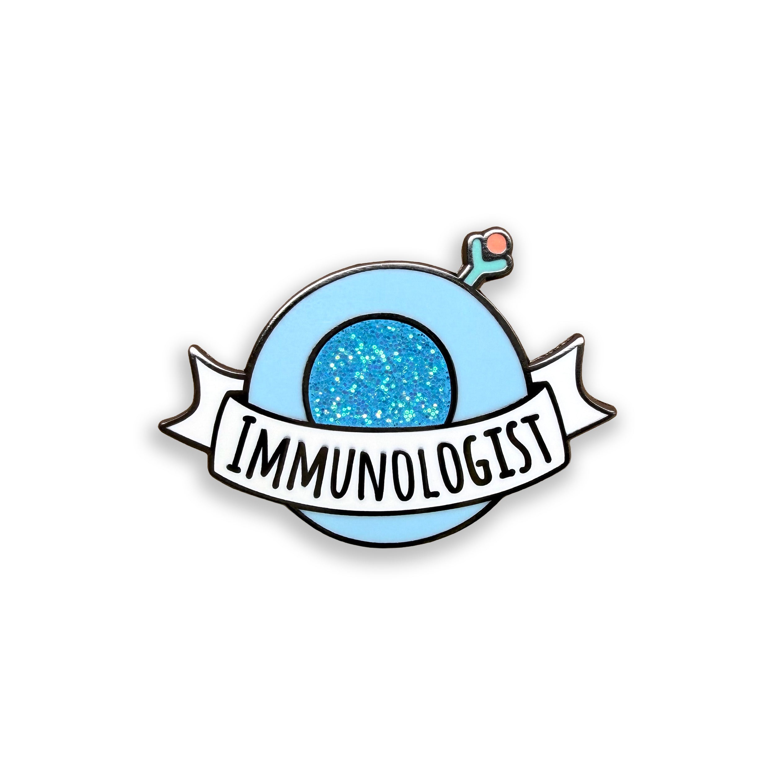 Pin with 'IMMUNOLOGIST' text and a blue globe design on a white background