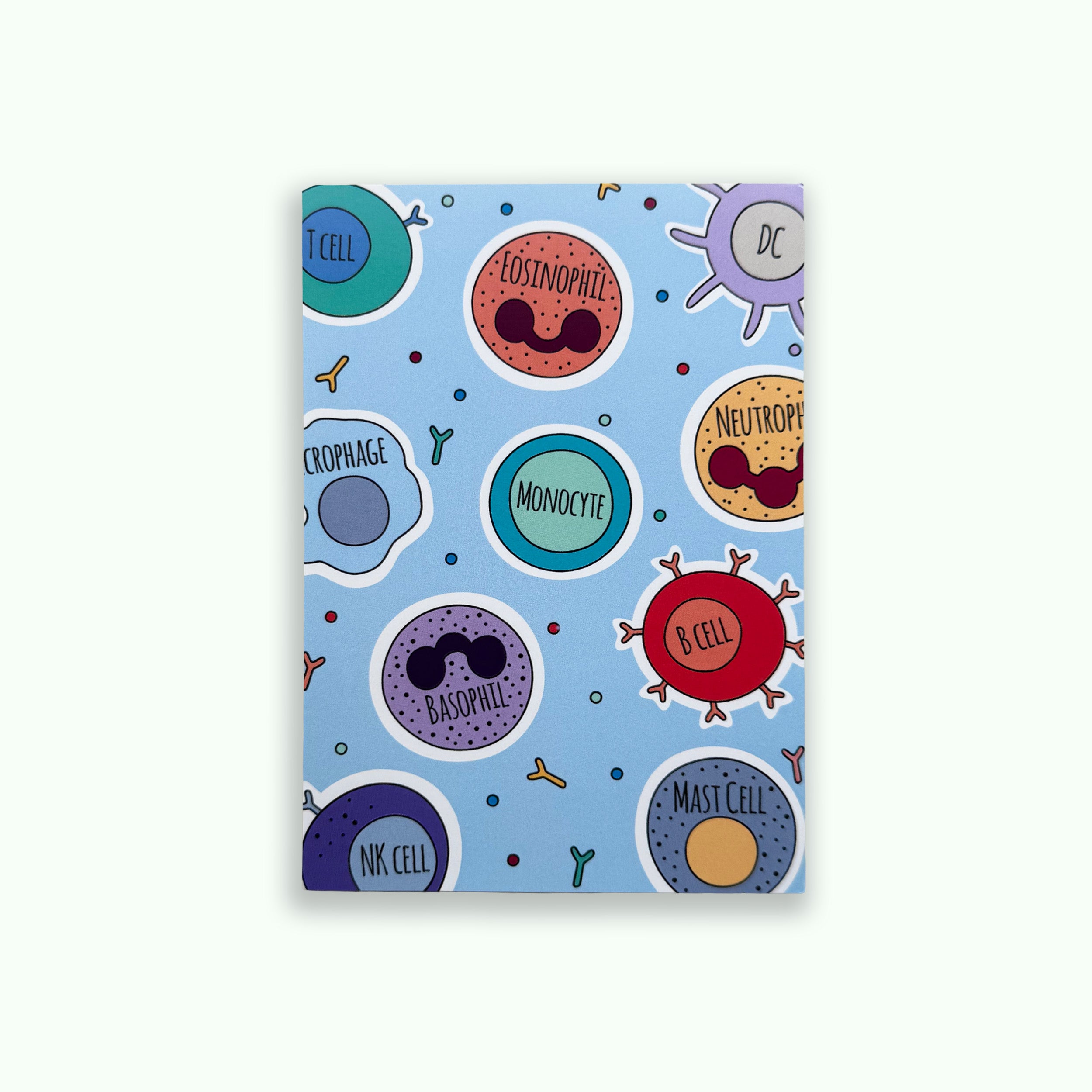 Immunology A6 print with colourful illustrated immune cells on blue background