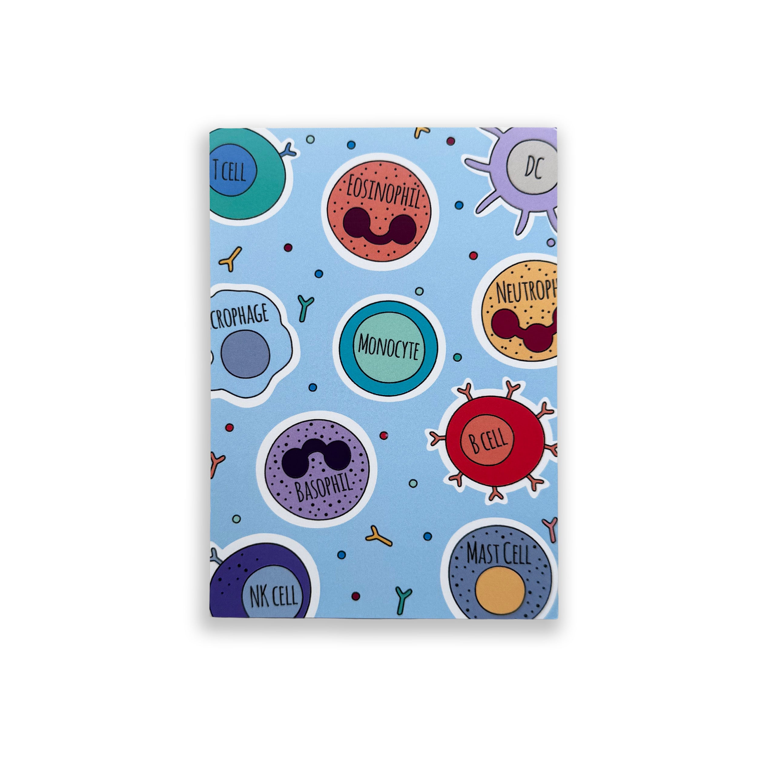 Immunology A6 print with colourful illustrated immune cells on blue background