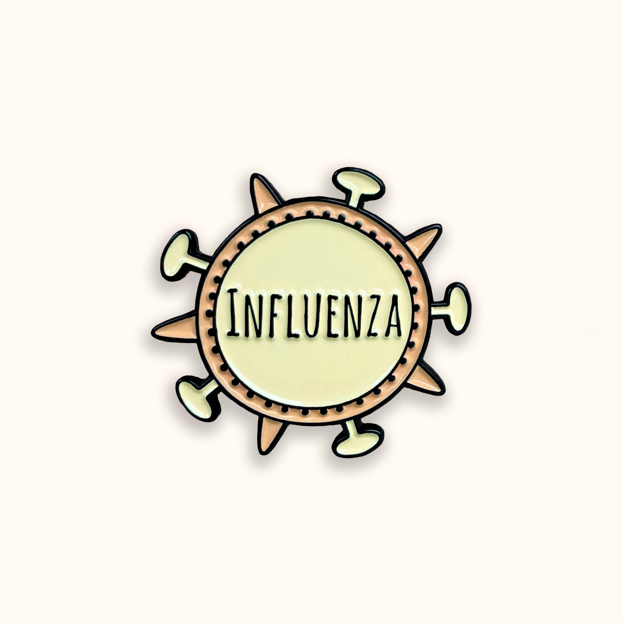 Illustration of an enamel pin with 'INFLUENZA' text on a white background
