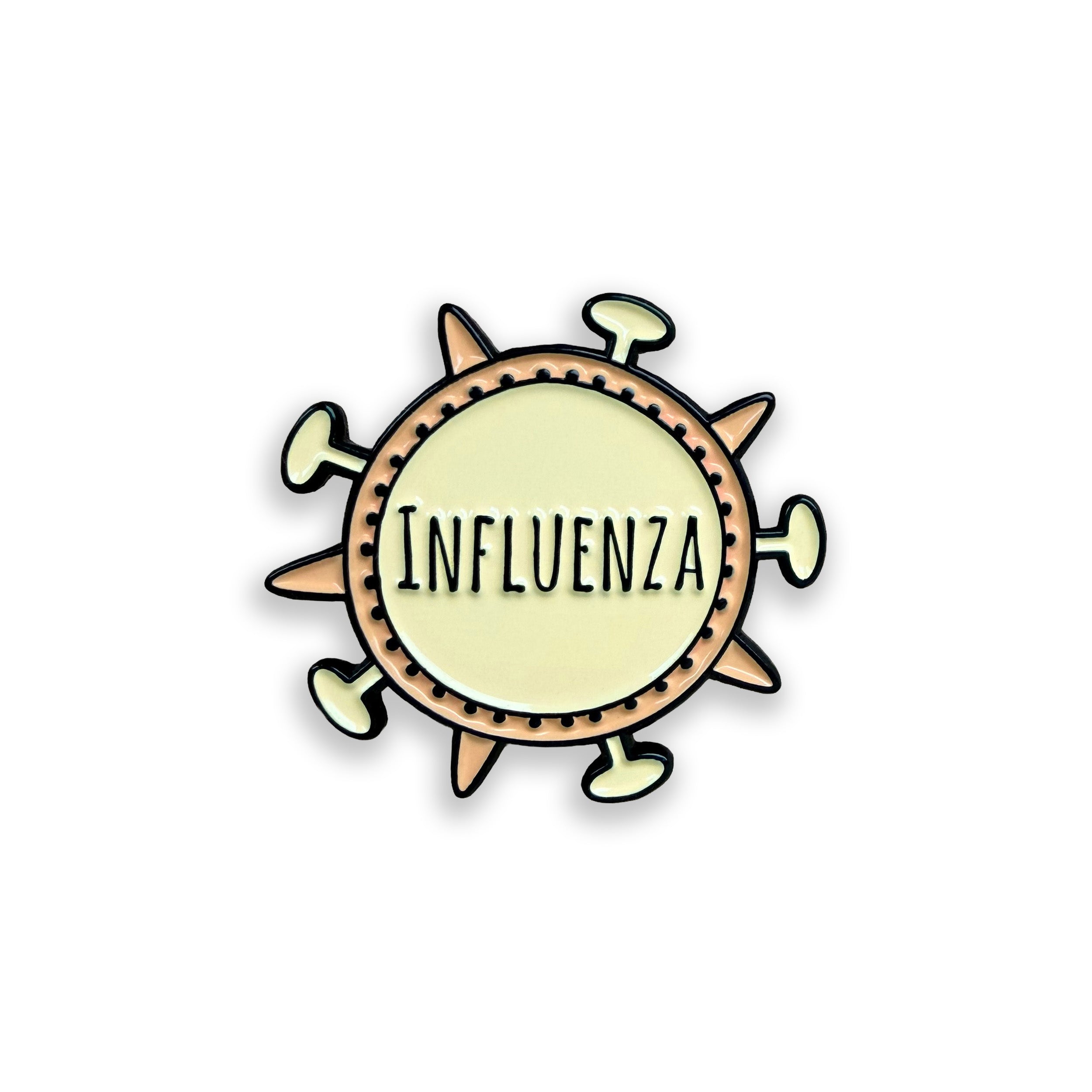 Illustration of a virus with 'INFLUENZA' text on a white background