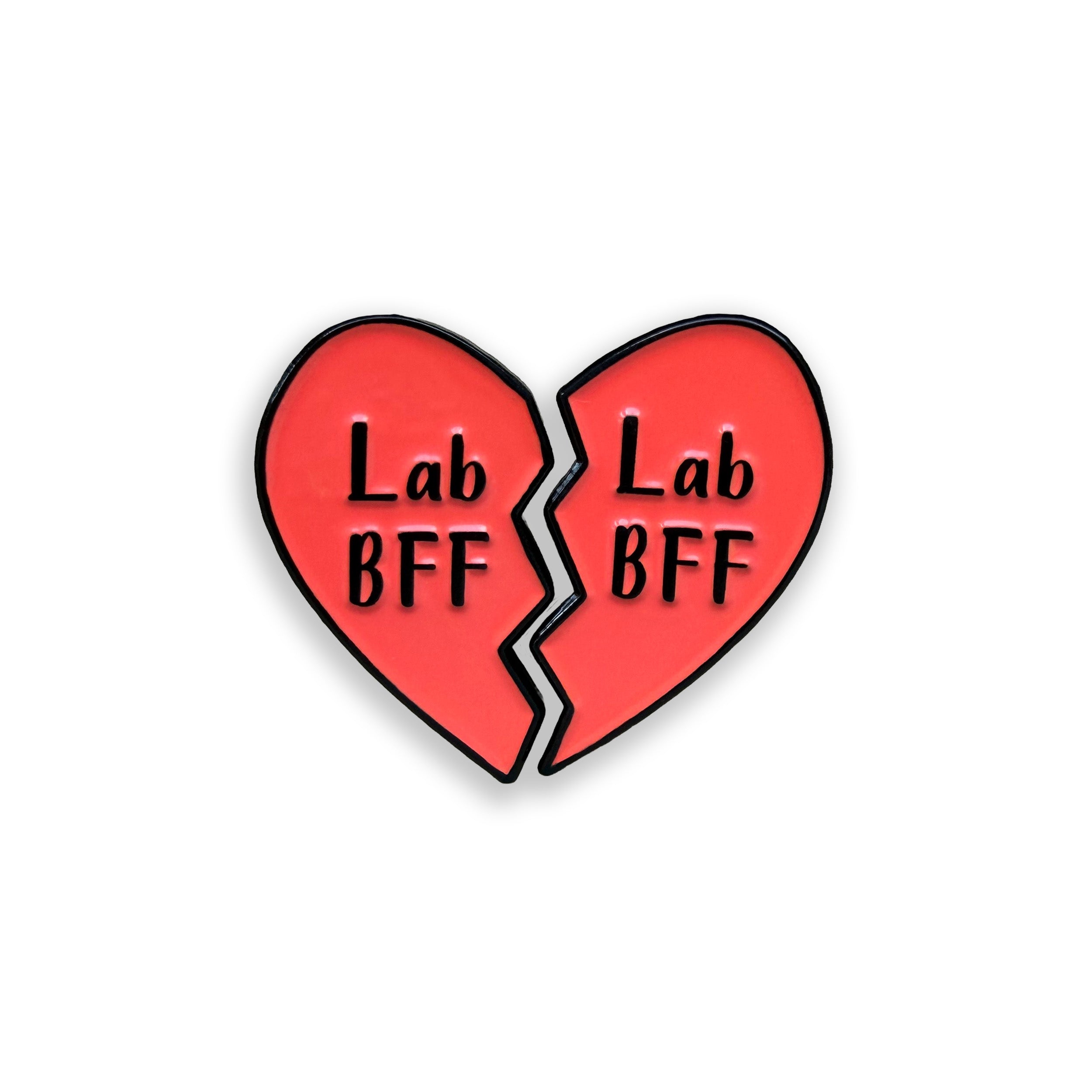 Lab BFF red heart matching enamel pins on white background