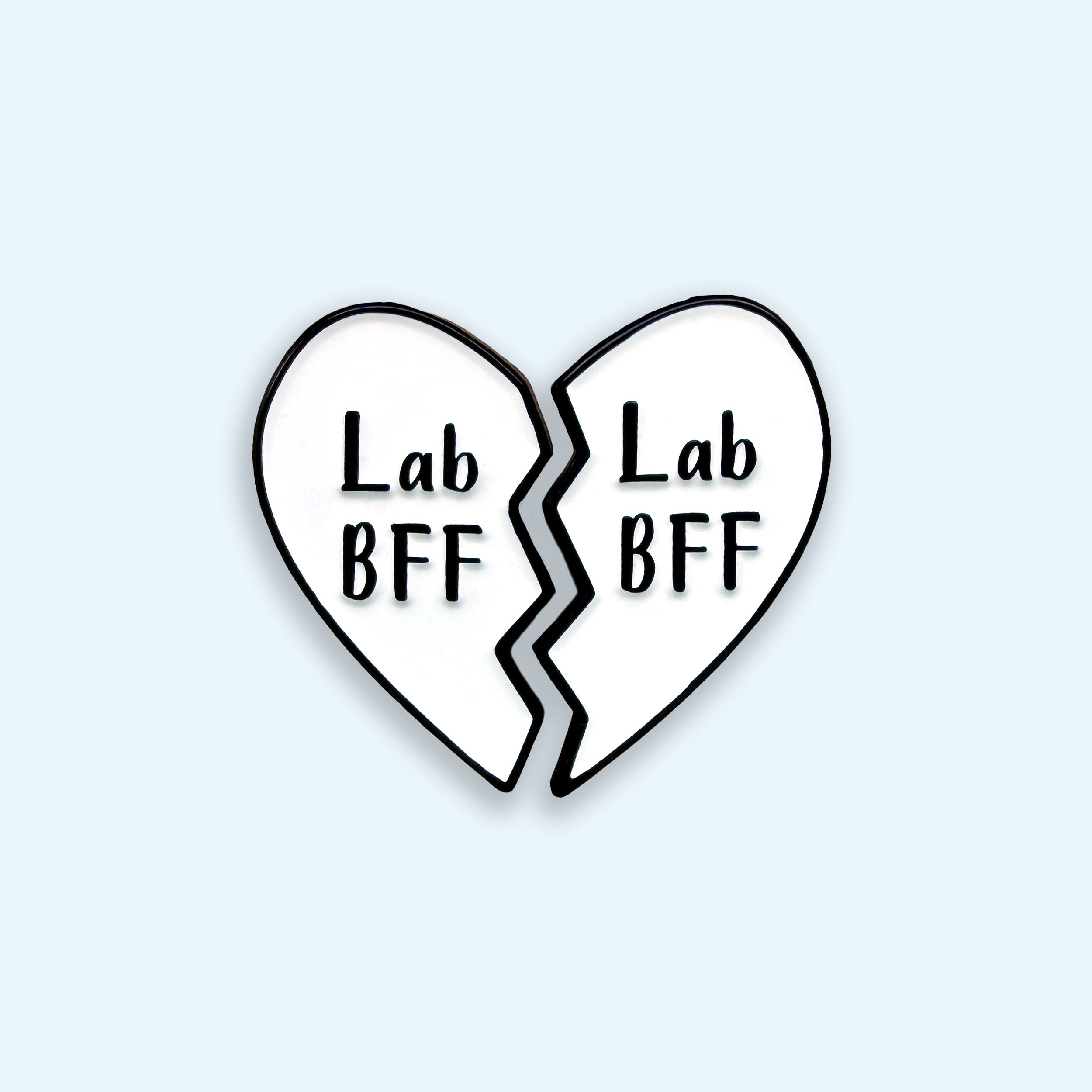 Broken heart shape with 'Lab BFF' text on a light blue background