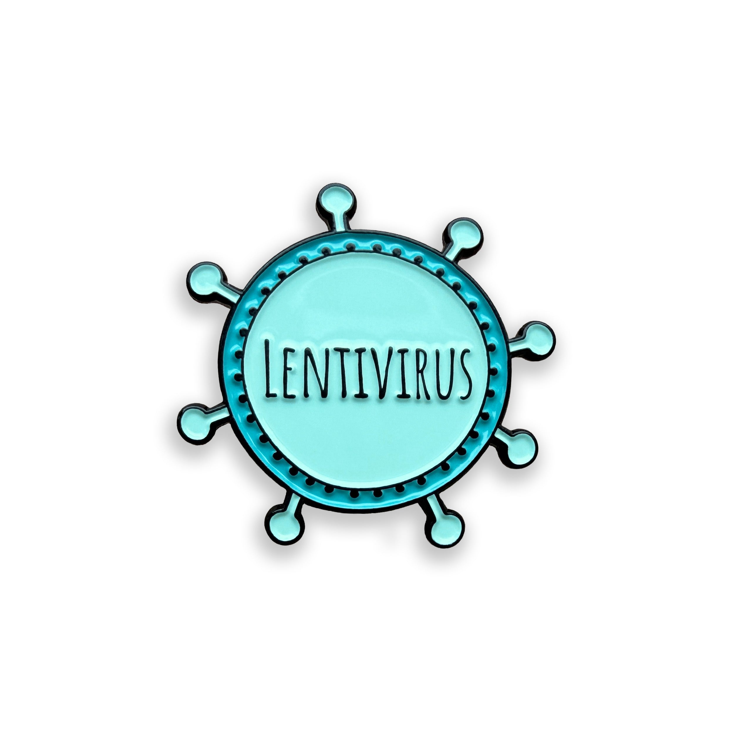 Enamel pin with 'Lentivirus' text on a light blue circular design with virus-like structure.