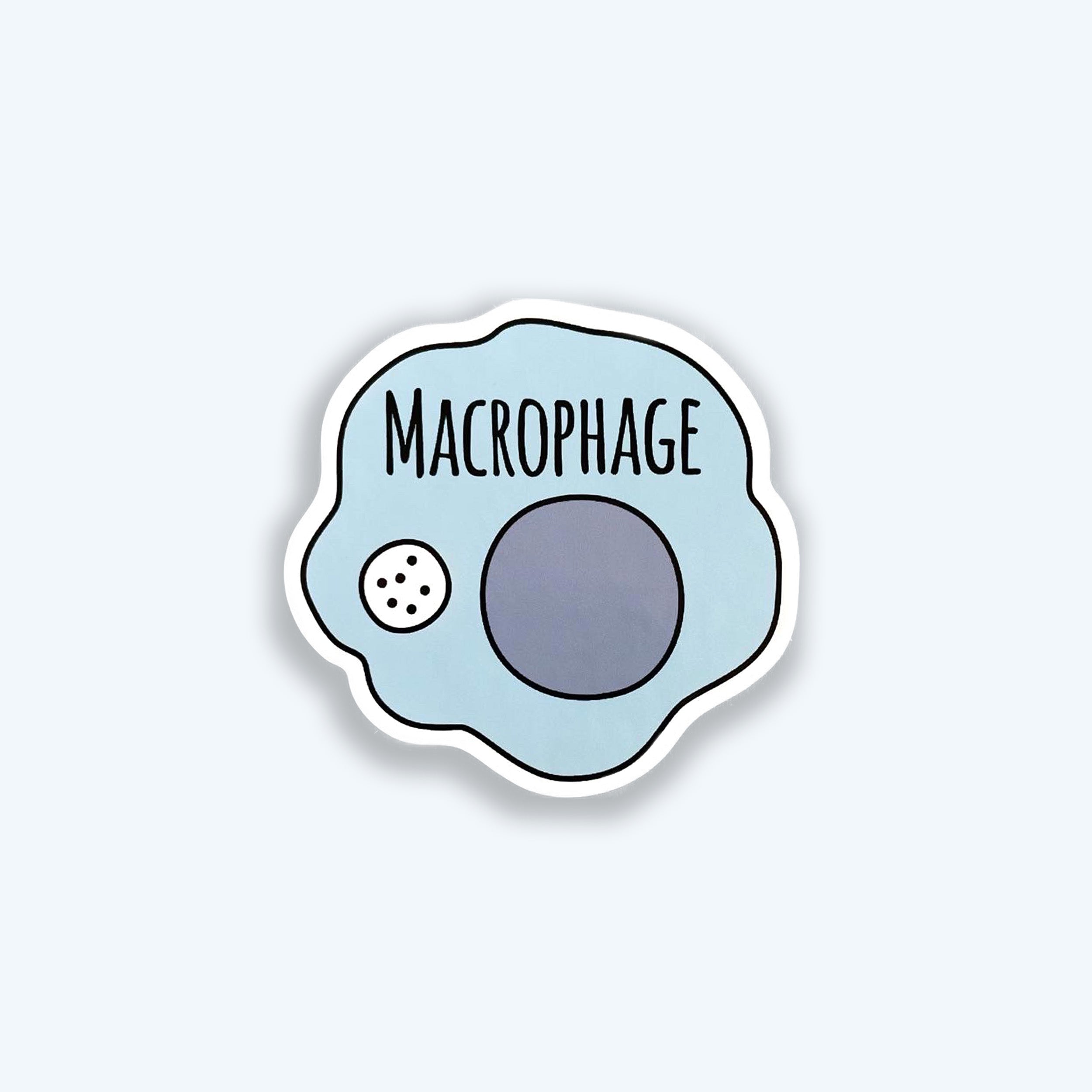 Sticker with the word 'Macrophage' on a light blue background