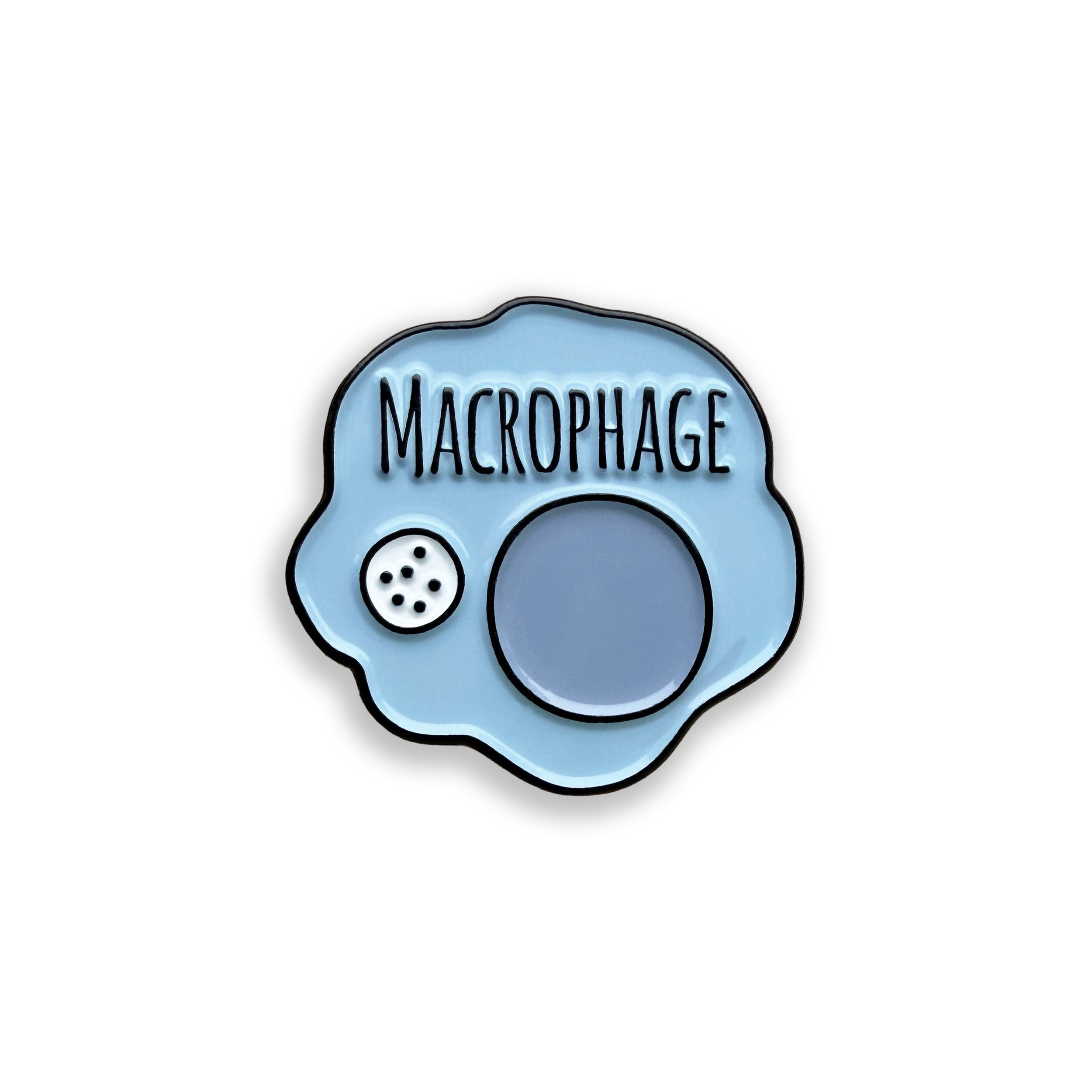 Enamel pin shaped like a macrophage with 'MACROPHAGE' text on a white background