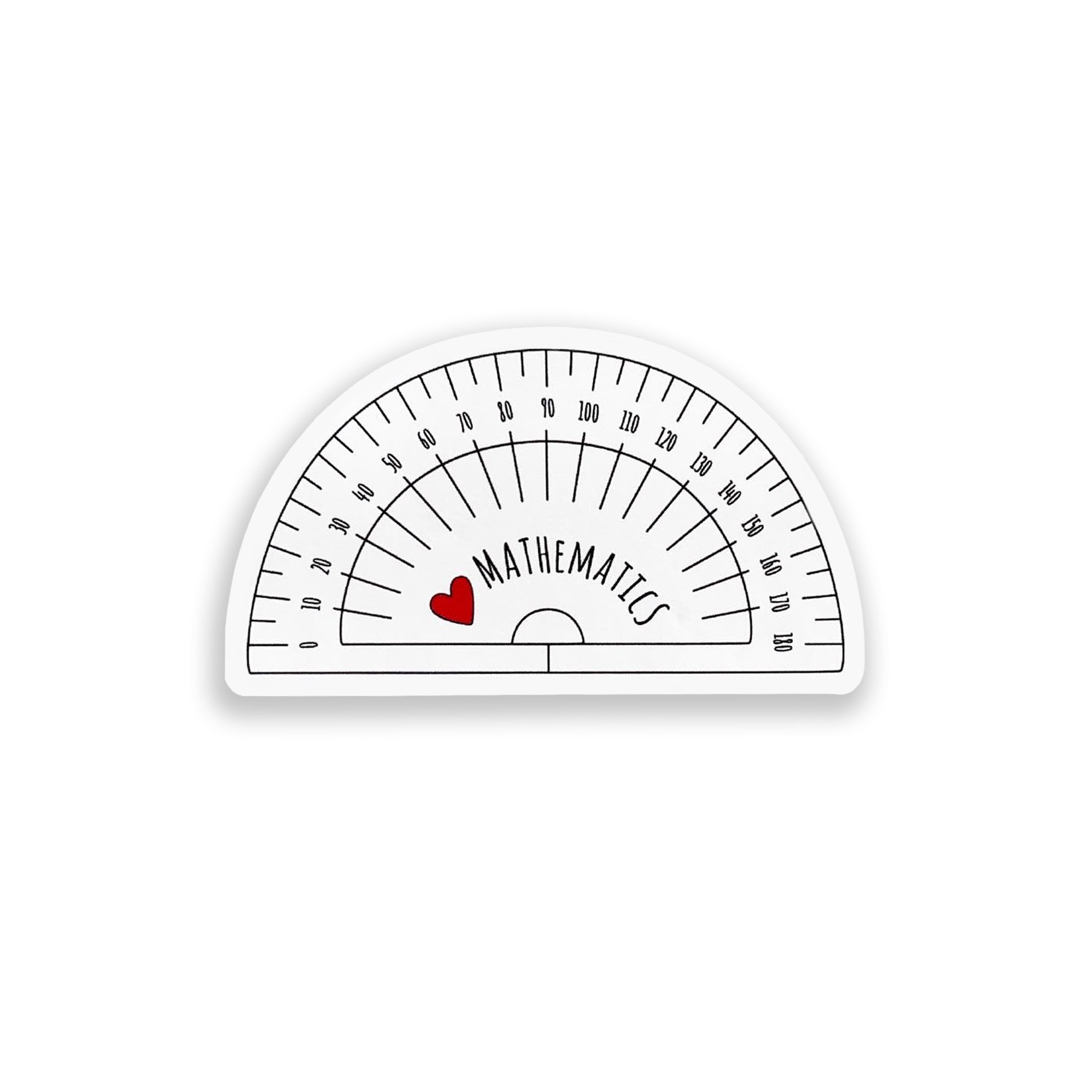 Protractor with 'Mathematics' and a heart symbol on a white background