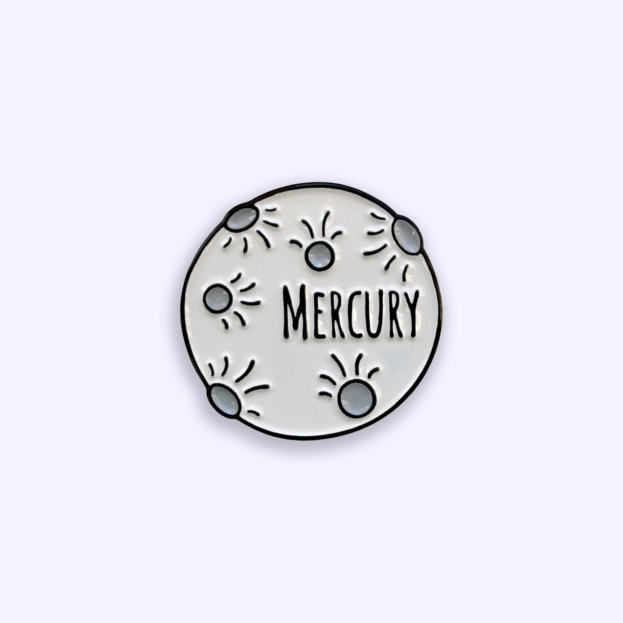 Mercury grey enamel pin badge on purple background