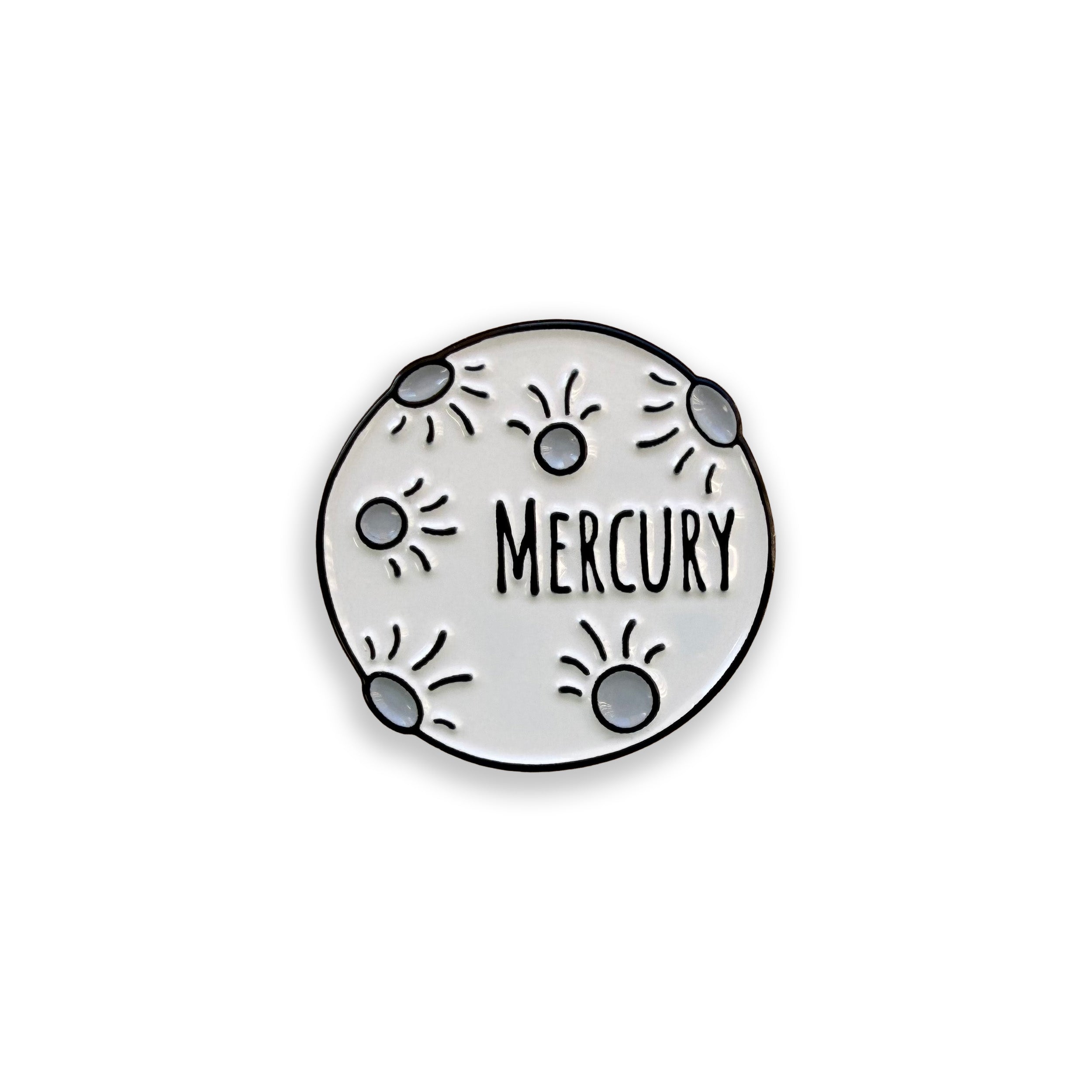 Mercury grey enamel pin badge on white background