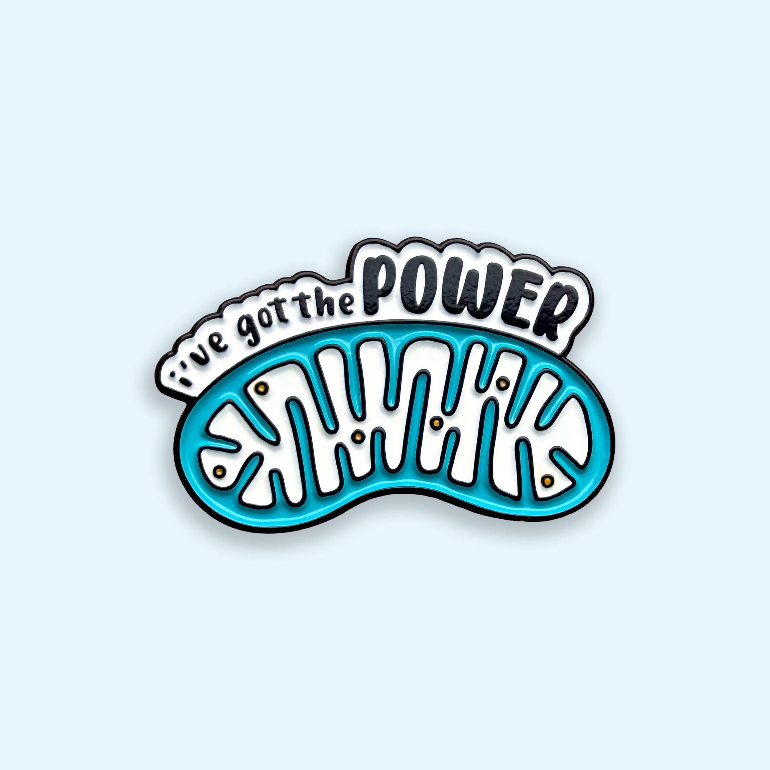 Mitochondria I've got the power blue and white enamel pin badge on blue background