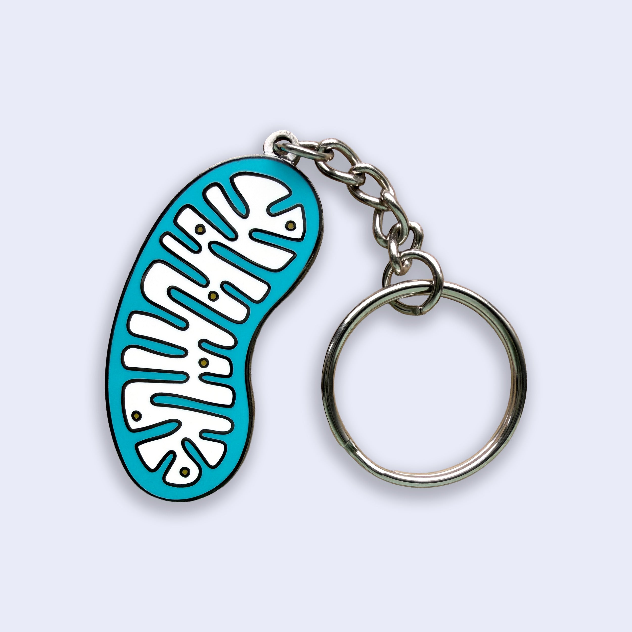 Mitochondria white and blue enamel keyring on white background