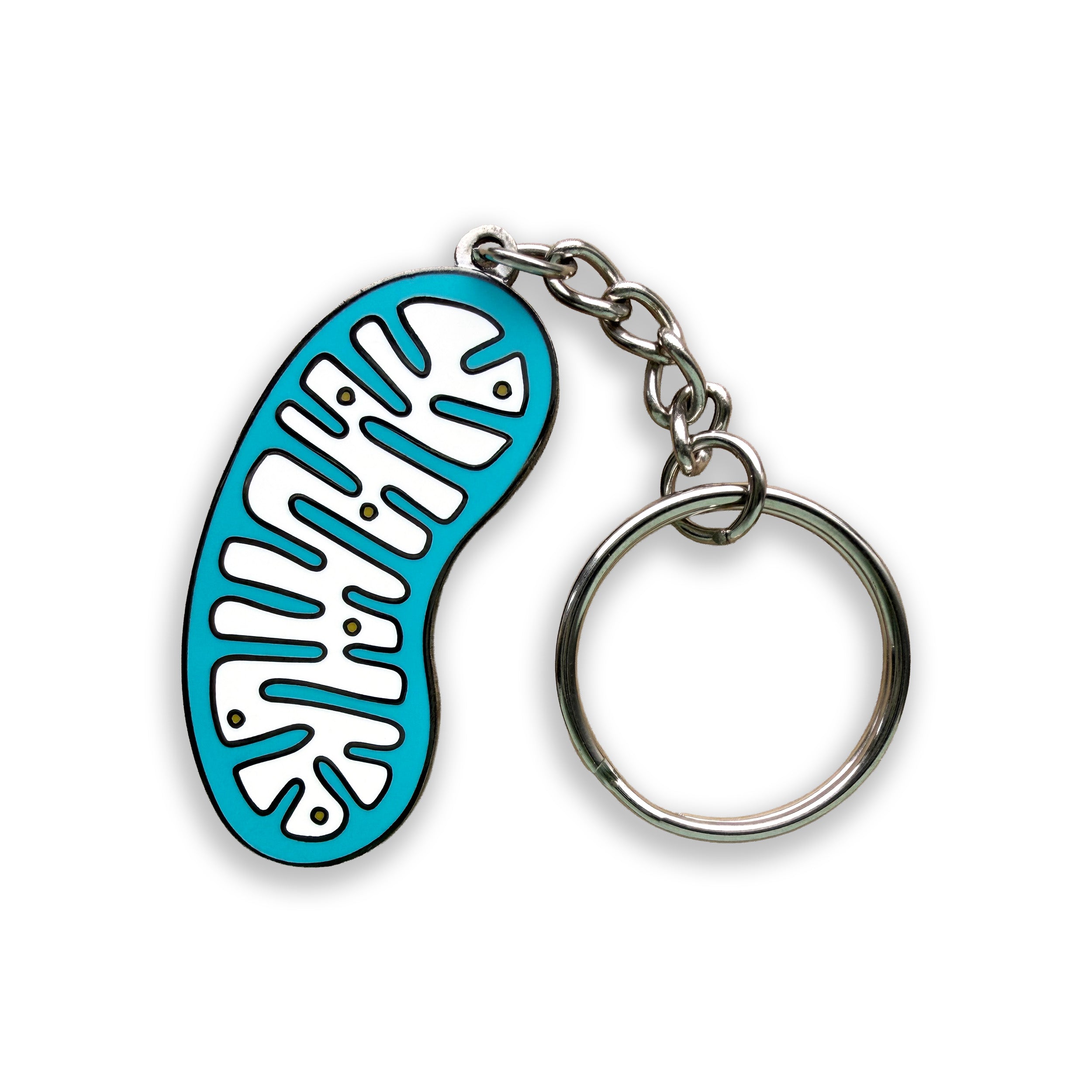Mitochondria white and blue enamel keyring on white background