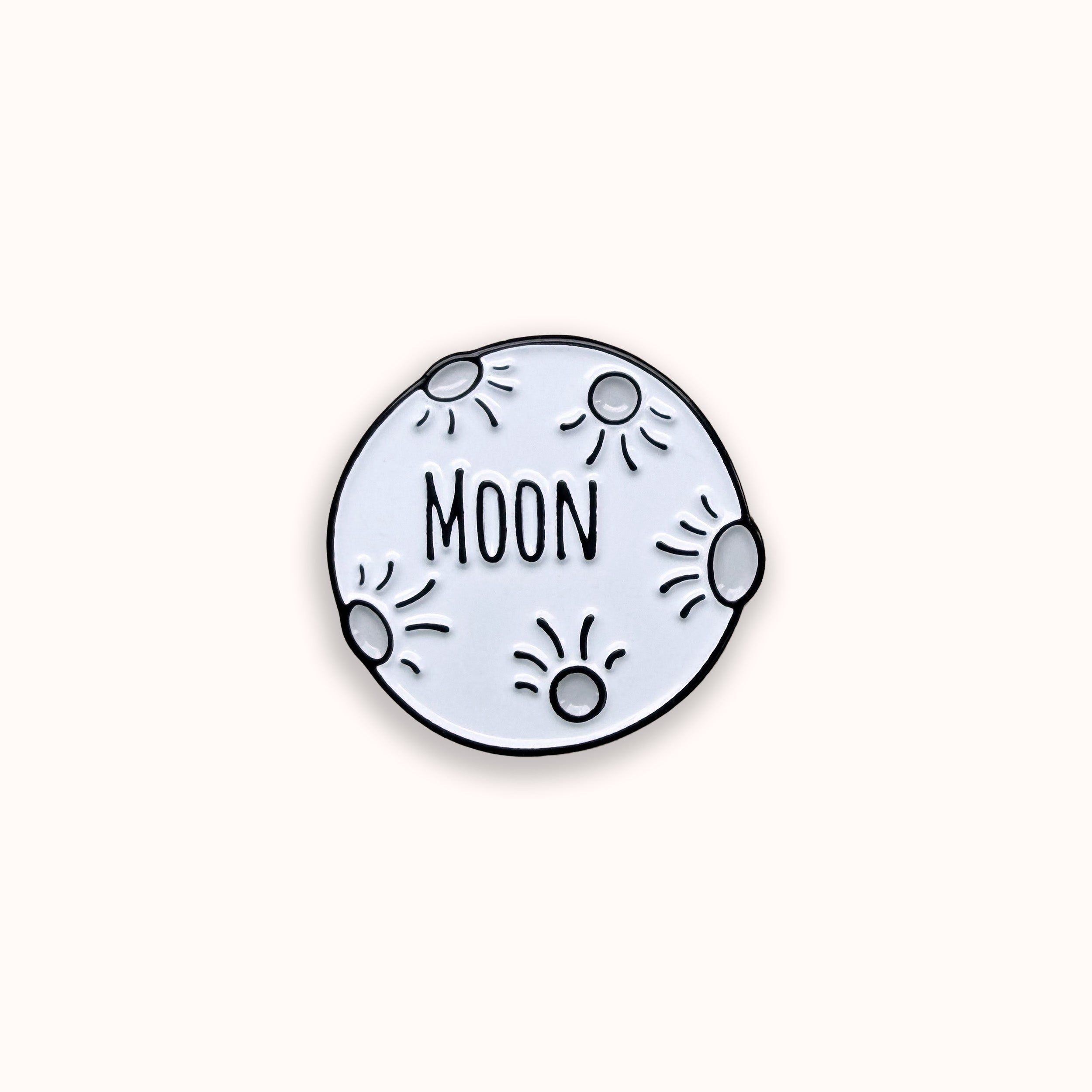 Moon white and grey enamel pin badge on yellow background