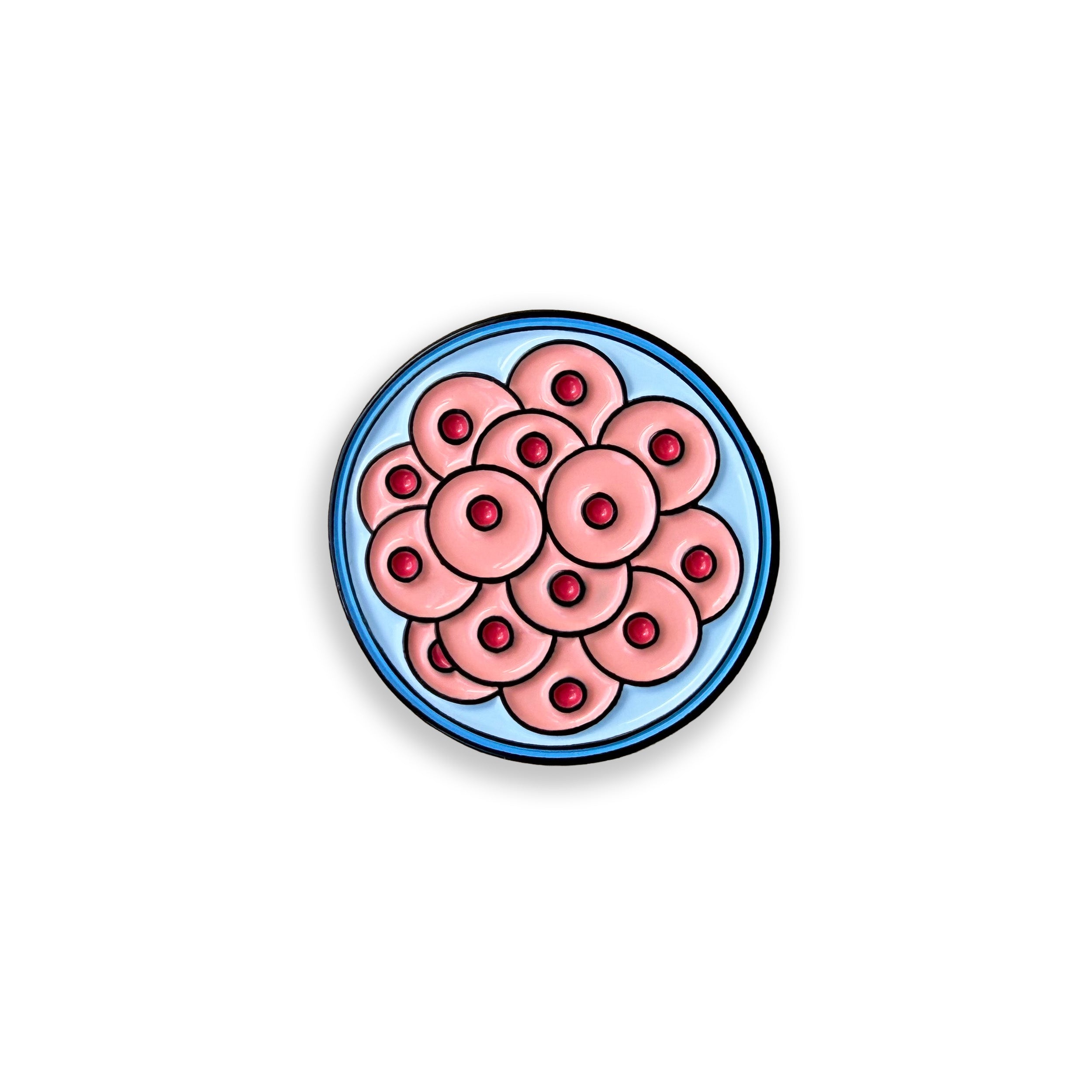 Morula pink and blue enamel pin badge on white background