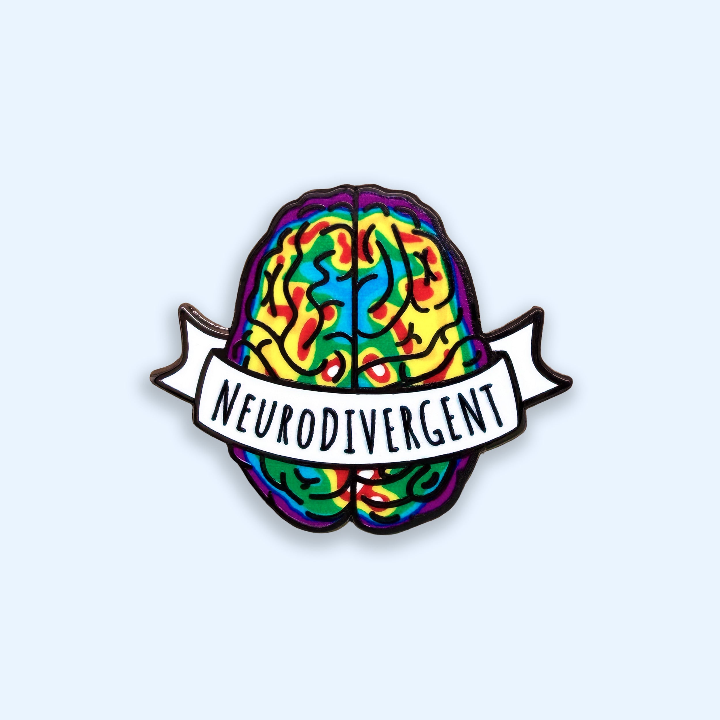 Neurodivergent brain colourful enamel pin badge on white background