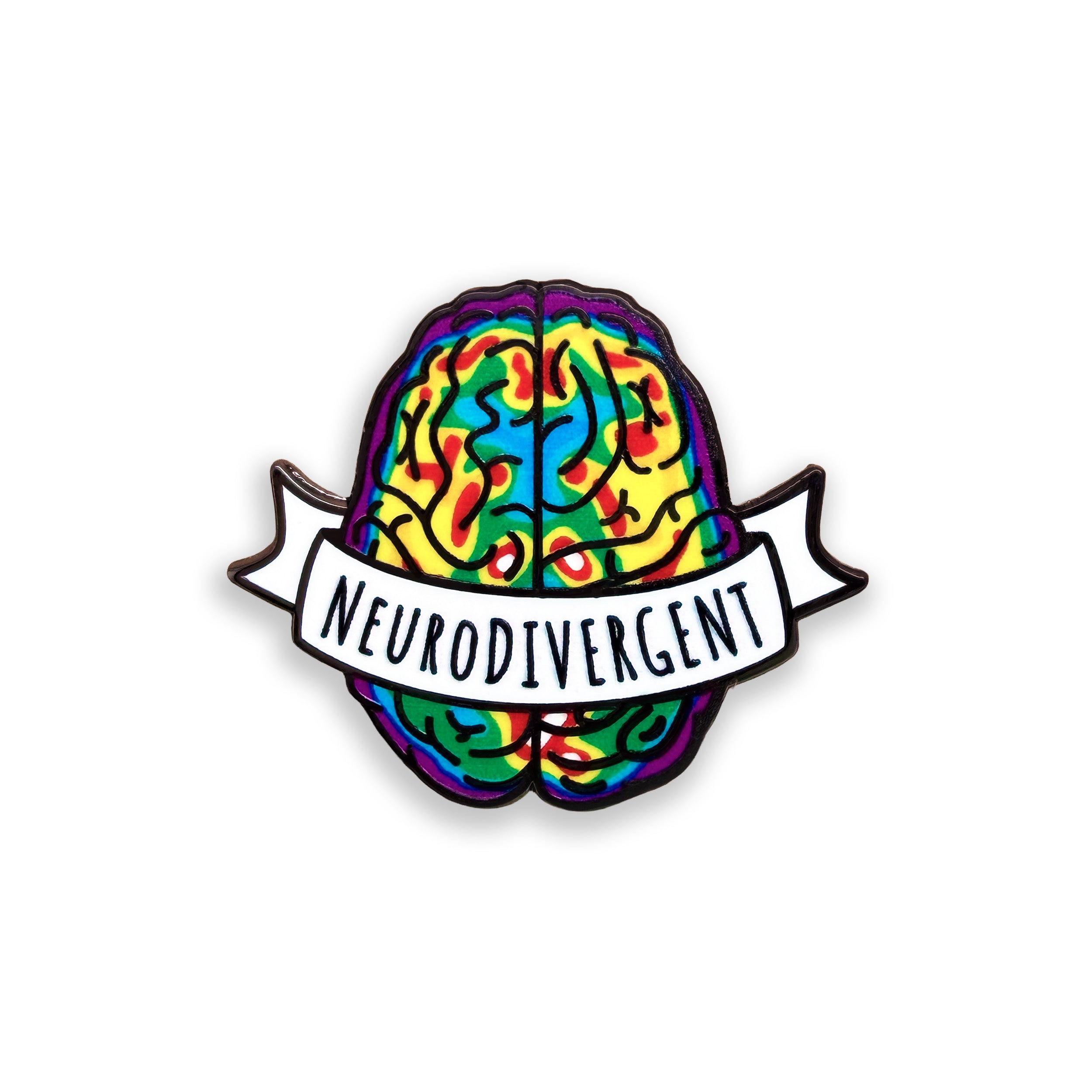 Neurodivergent brain colourful enamel pin badge on white background