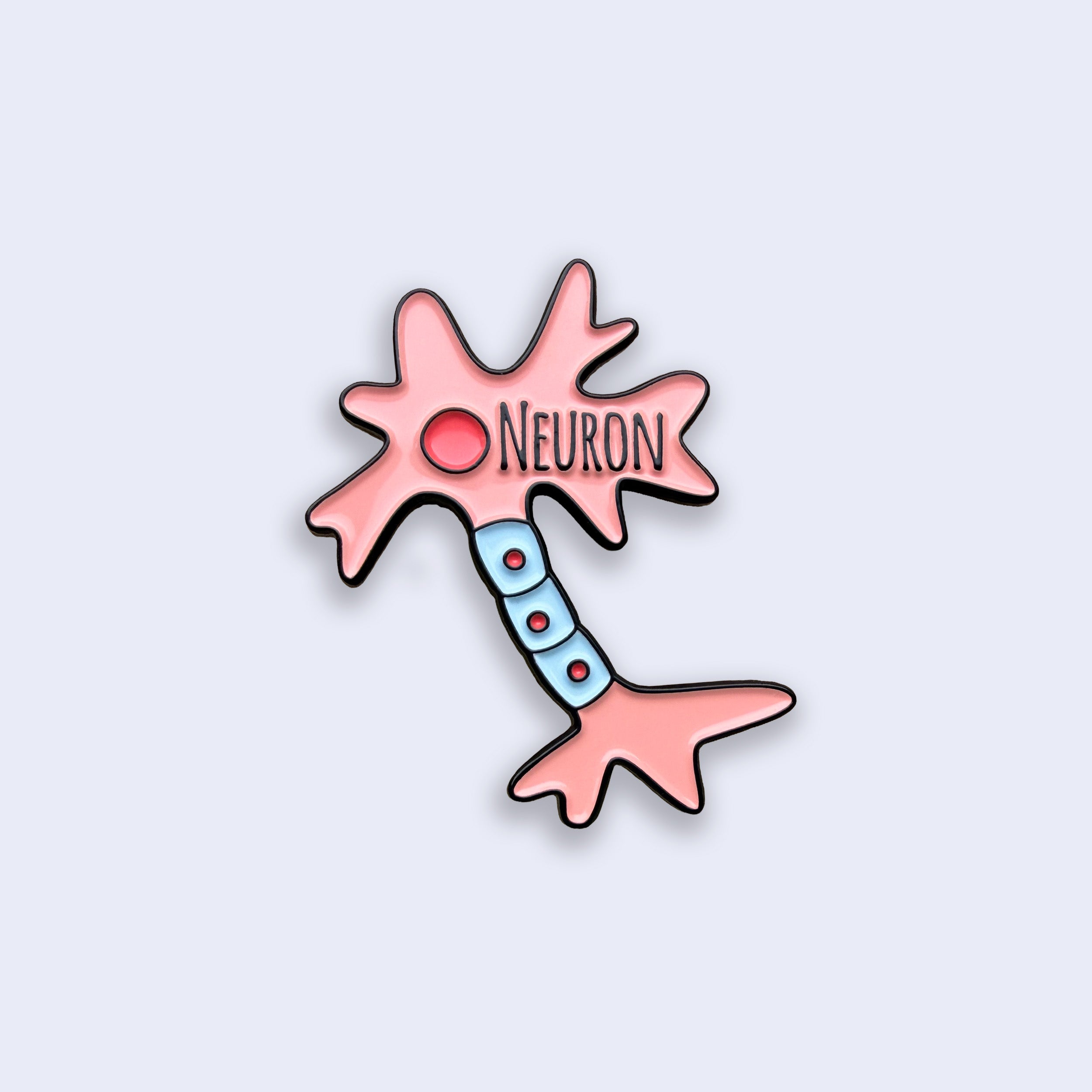 Neuron pink and blue enamel pin badge on blue background