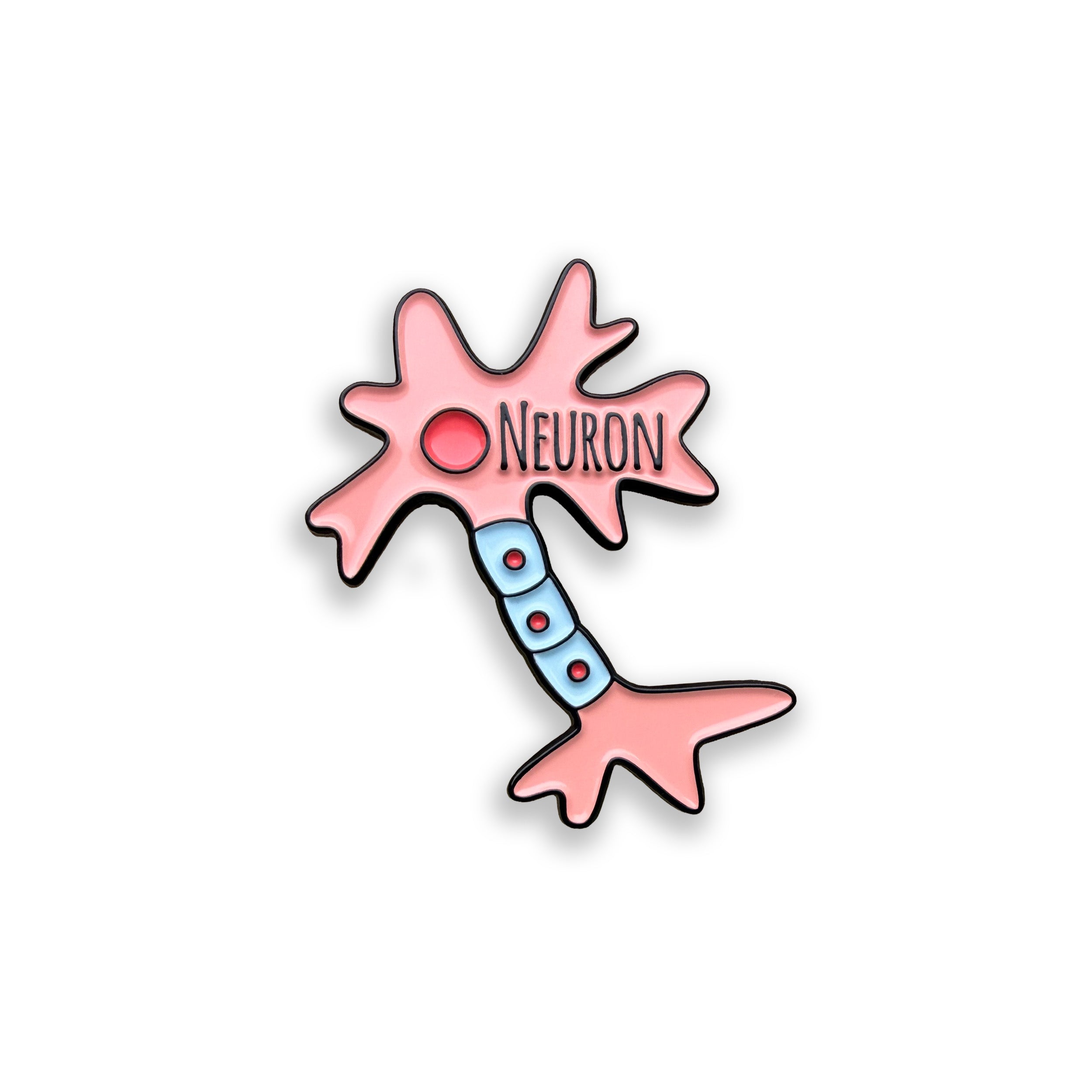 Neuron pink and blue enamel pin badge on white background