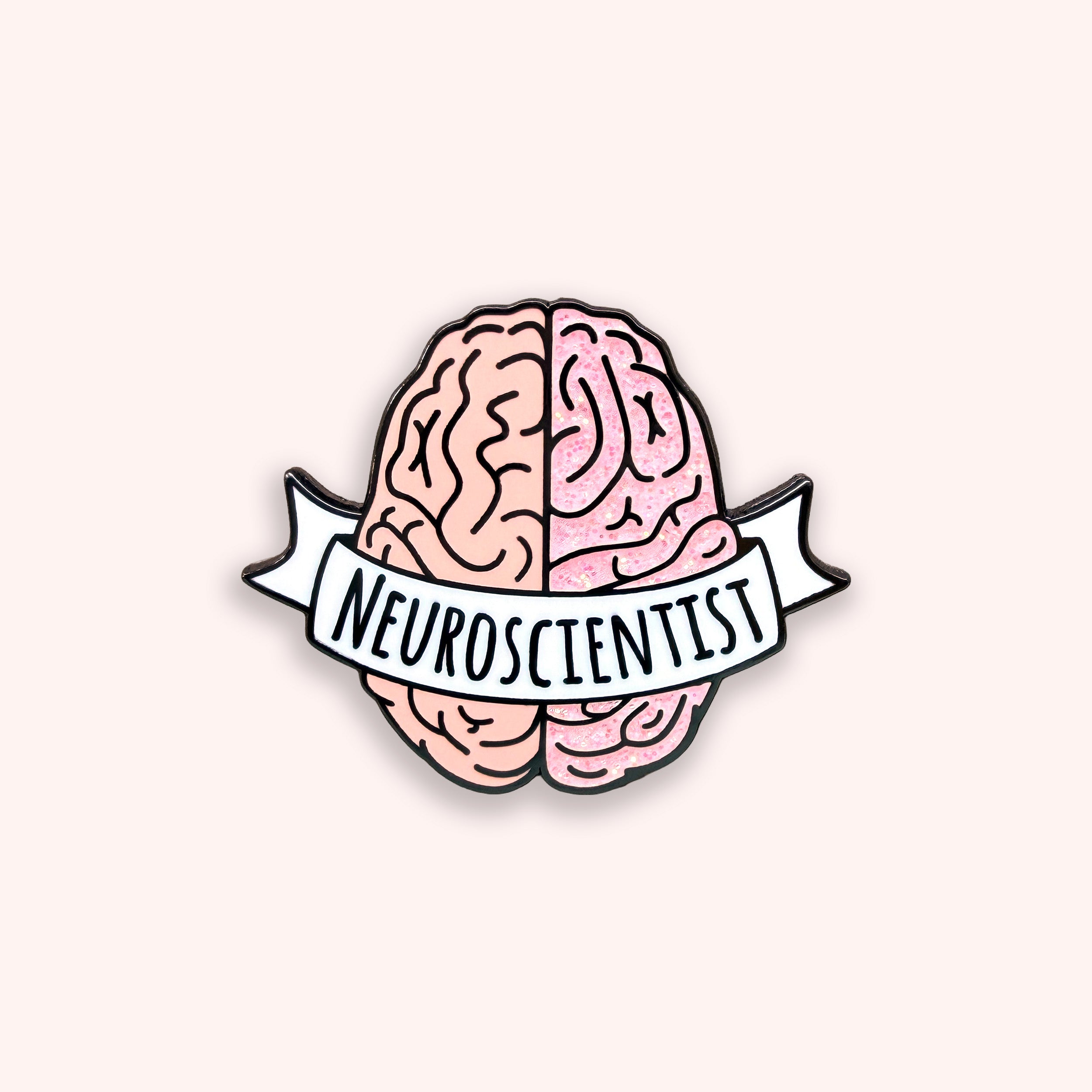 Neuroscientist pink glitter enamel pin badge on pink background