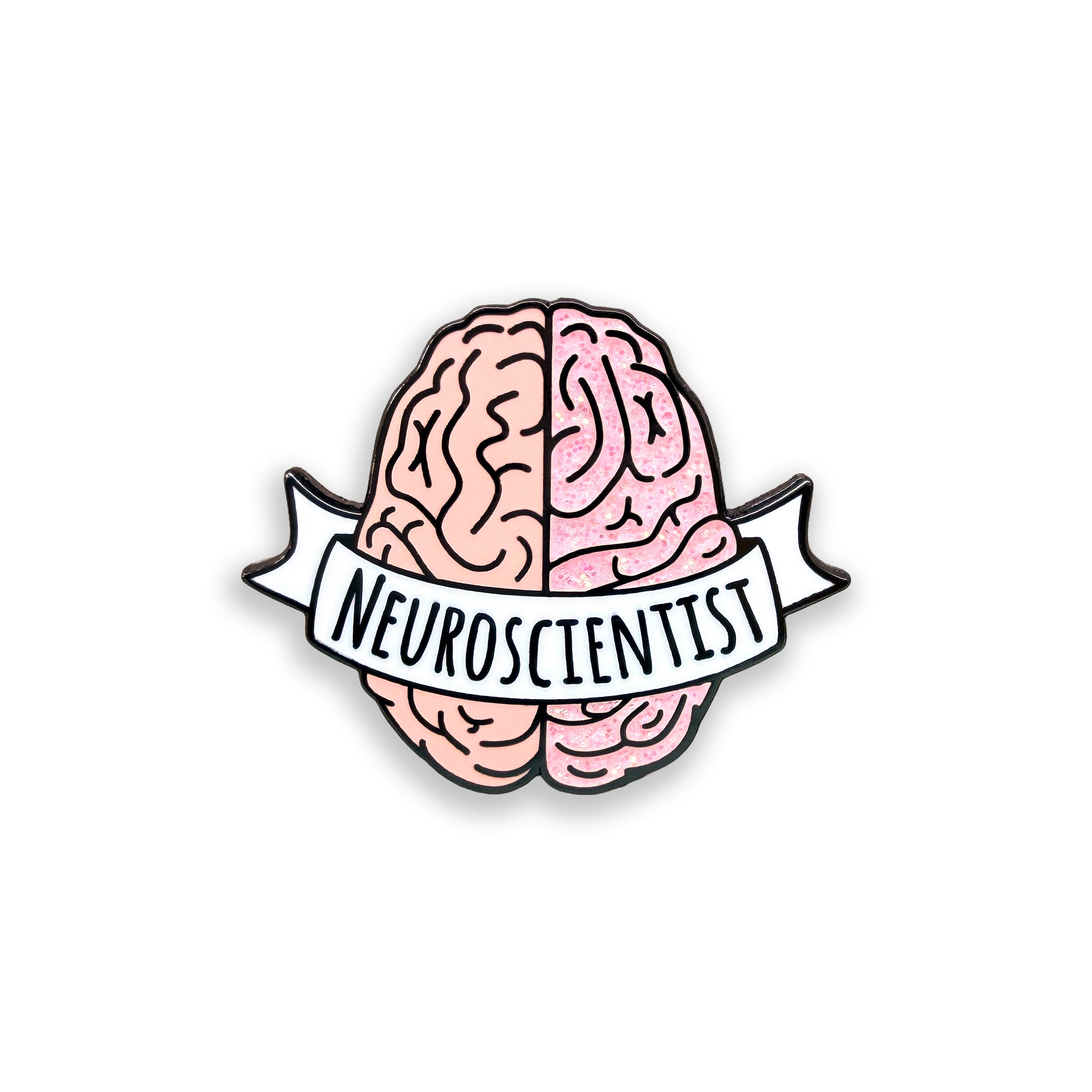 Neuroscientist pink glitter enamel pin badge on white background