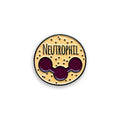 Circular badge with 'NEUTROPHIL' text and a purple central design on a beige background