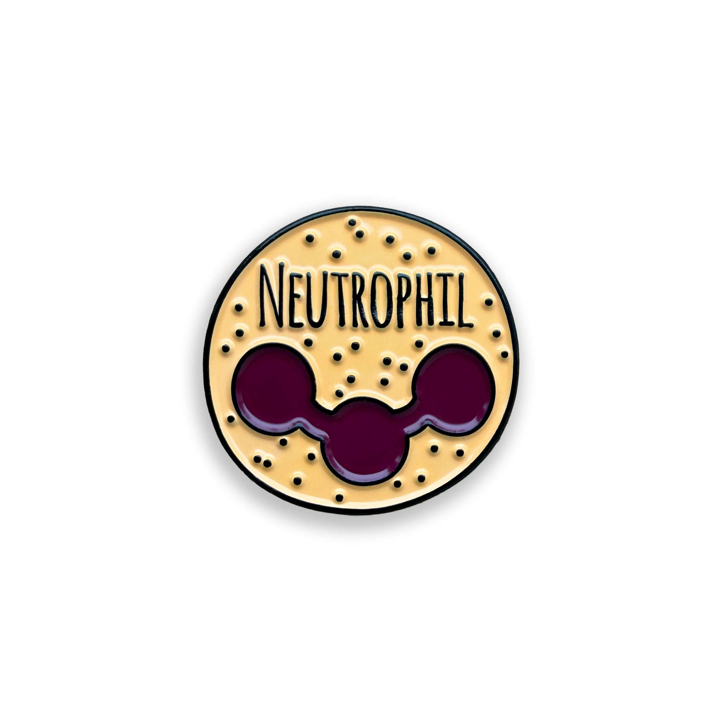 Circular badge with 'NEUTROPHIL' text and a purple central design on a beige background