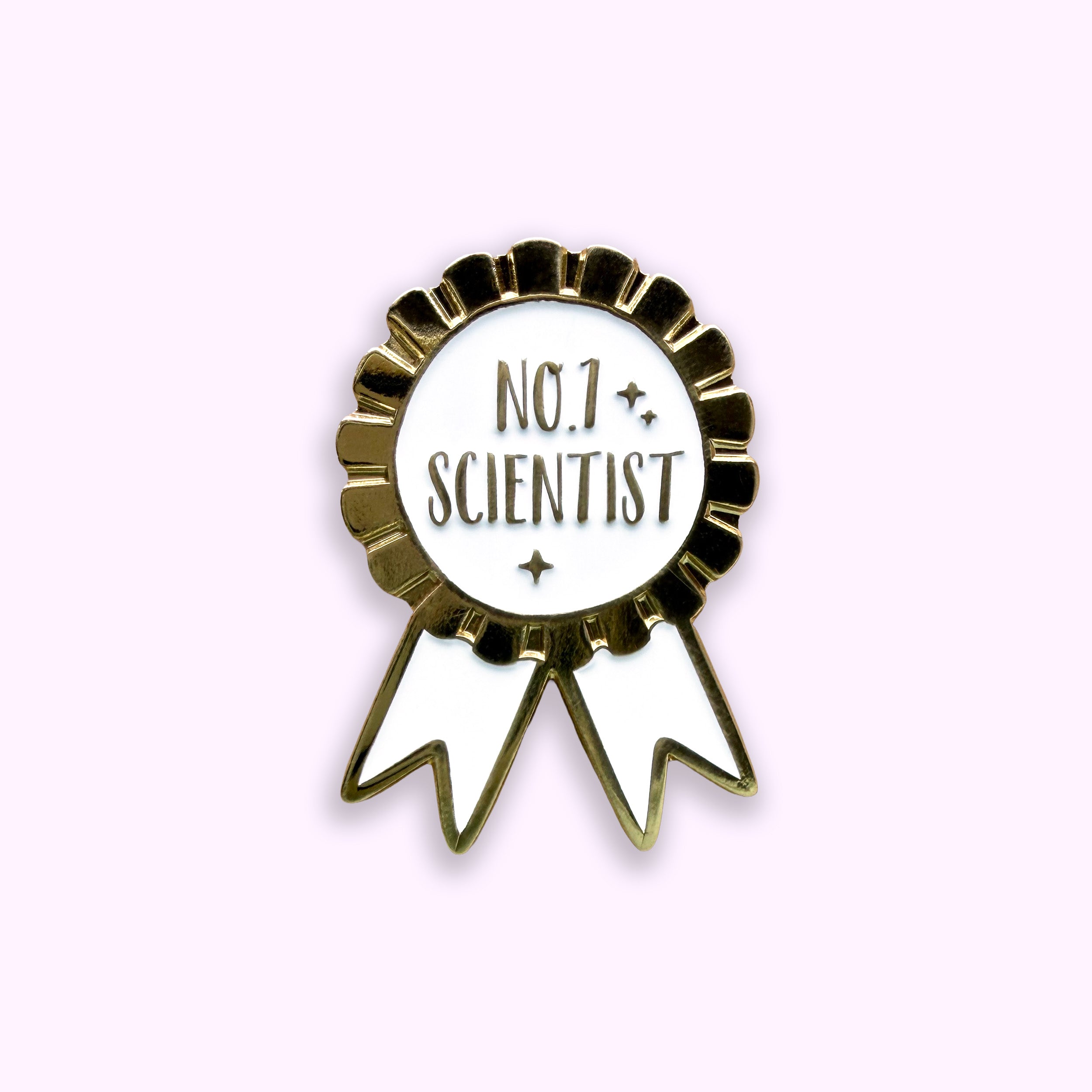 Pin with 'No. 1 Scientist' text on a purple background