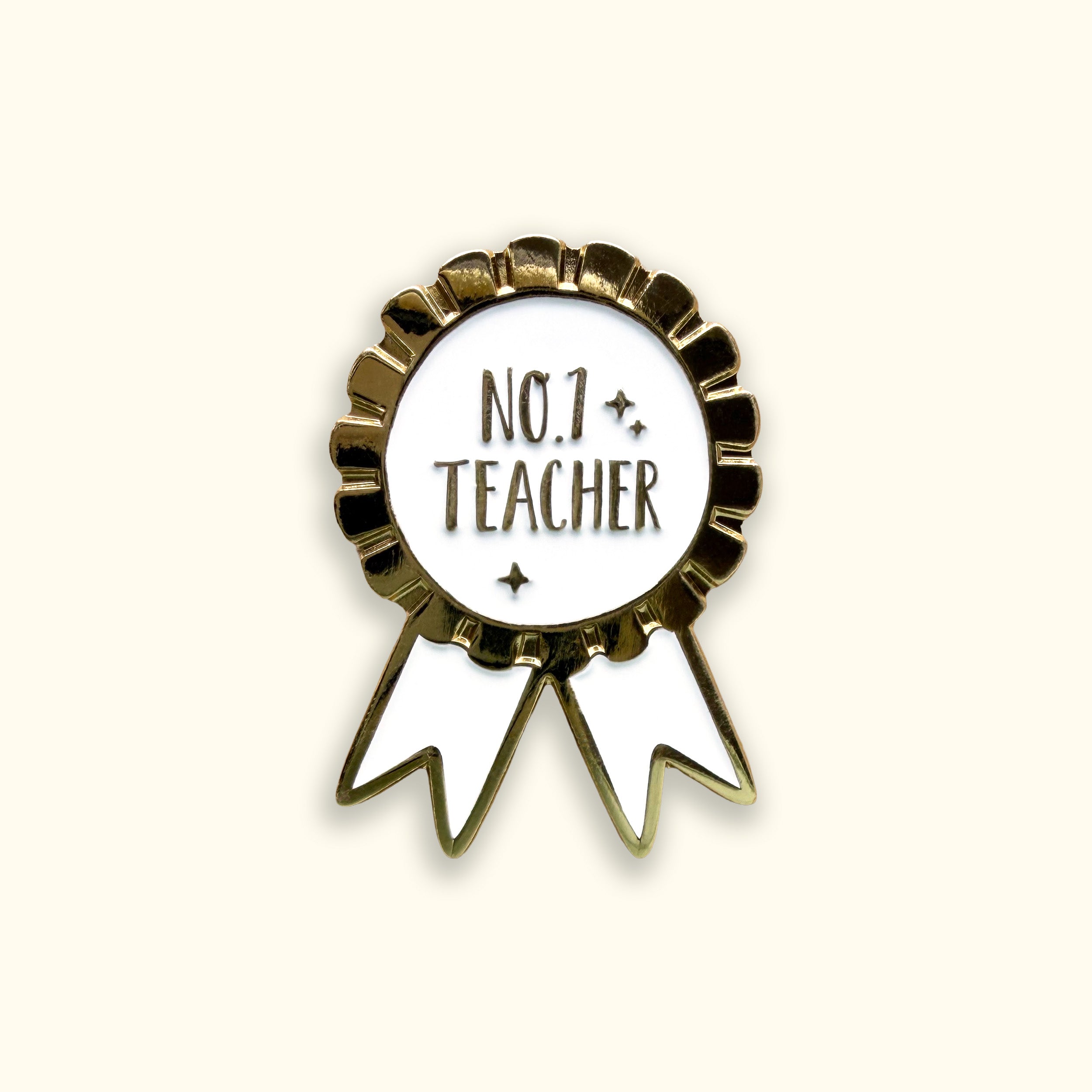 Pin with 'No. 1 Teacher' text on a yellow background