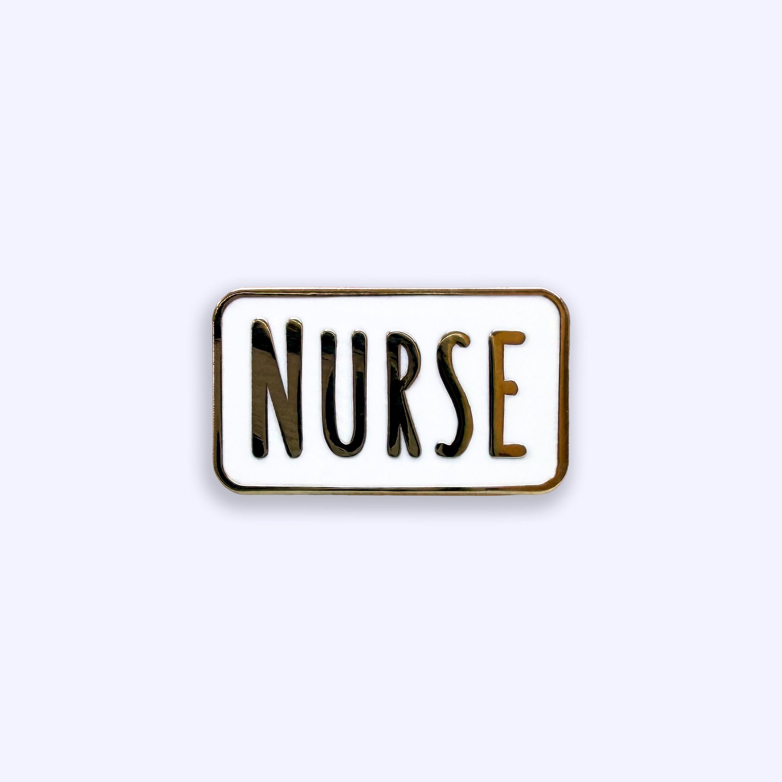Enamel pin with 'NURSE' text on a purple background