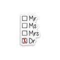 Sticker with checkboxes labeled 'Mr', 'Ms', 'Mrs', and 'Dr' with 'Dr' selected.
