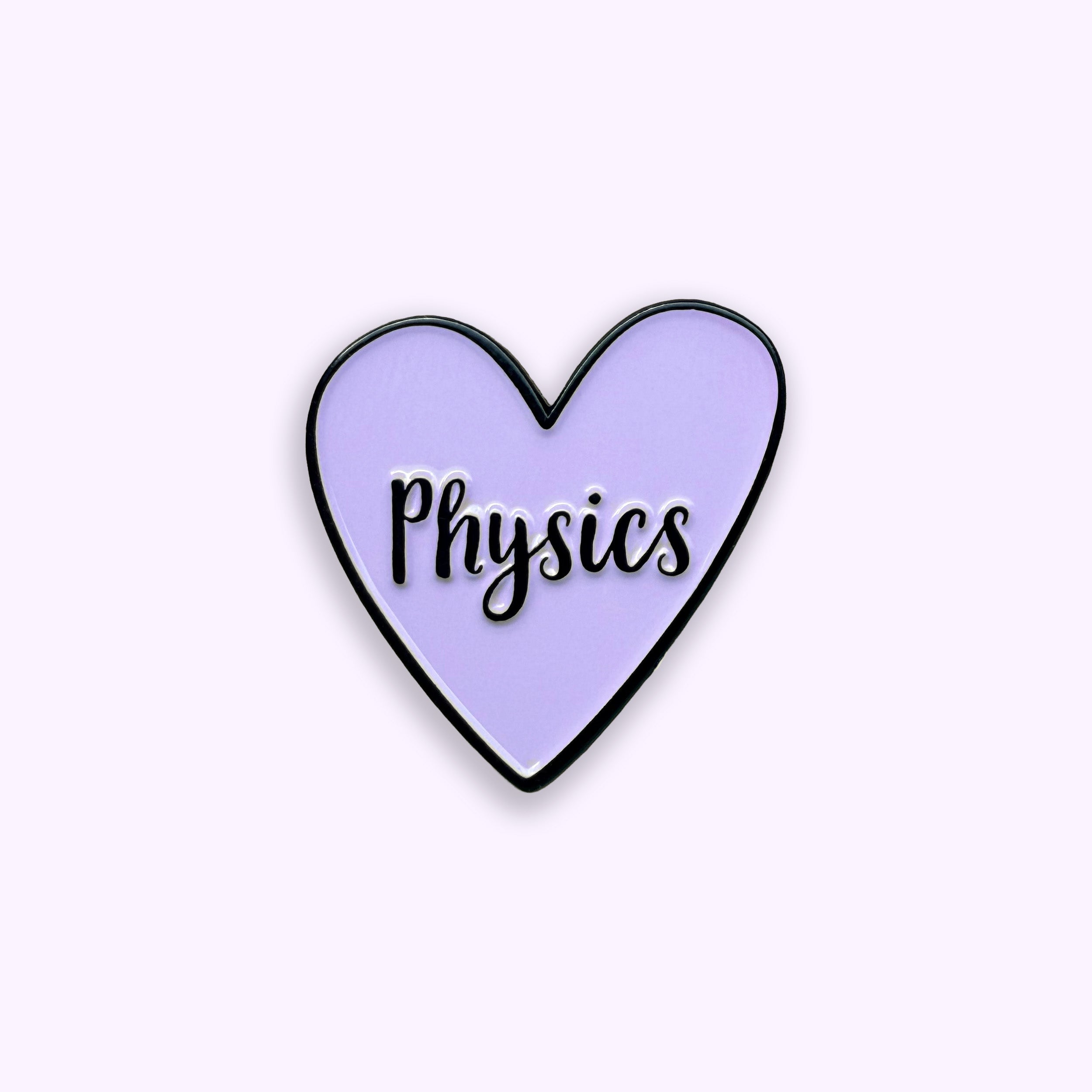 Heart-shaped pin with 'Physics' text on a light purple background