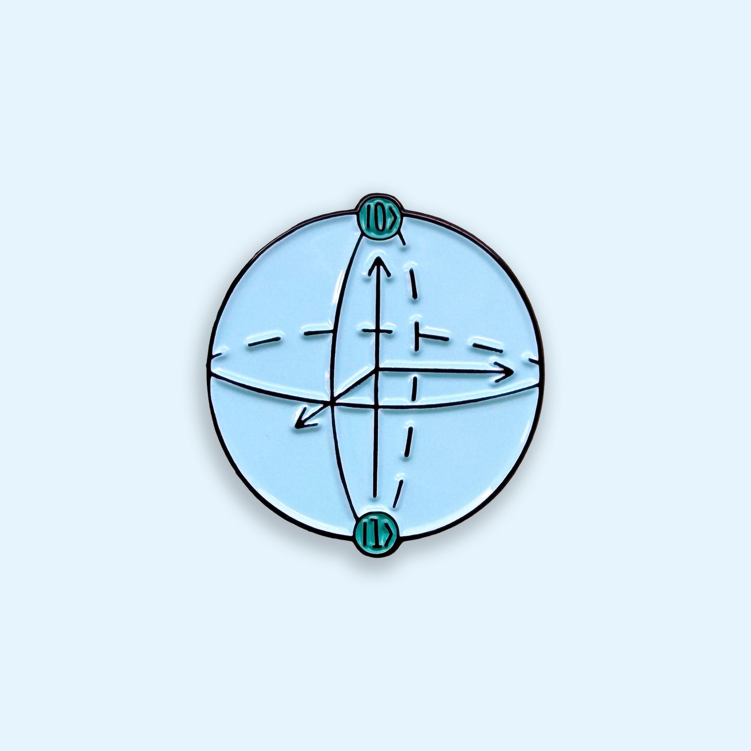 Qubit Bloch sphere blue enamel pin badge on blue background
