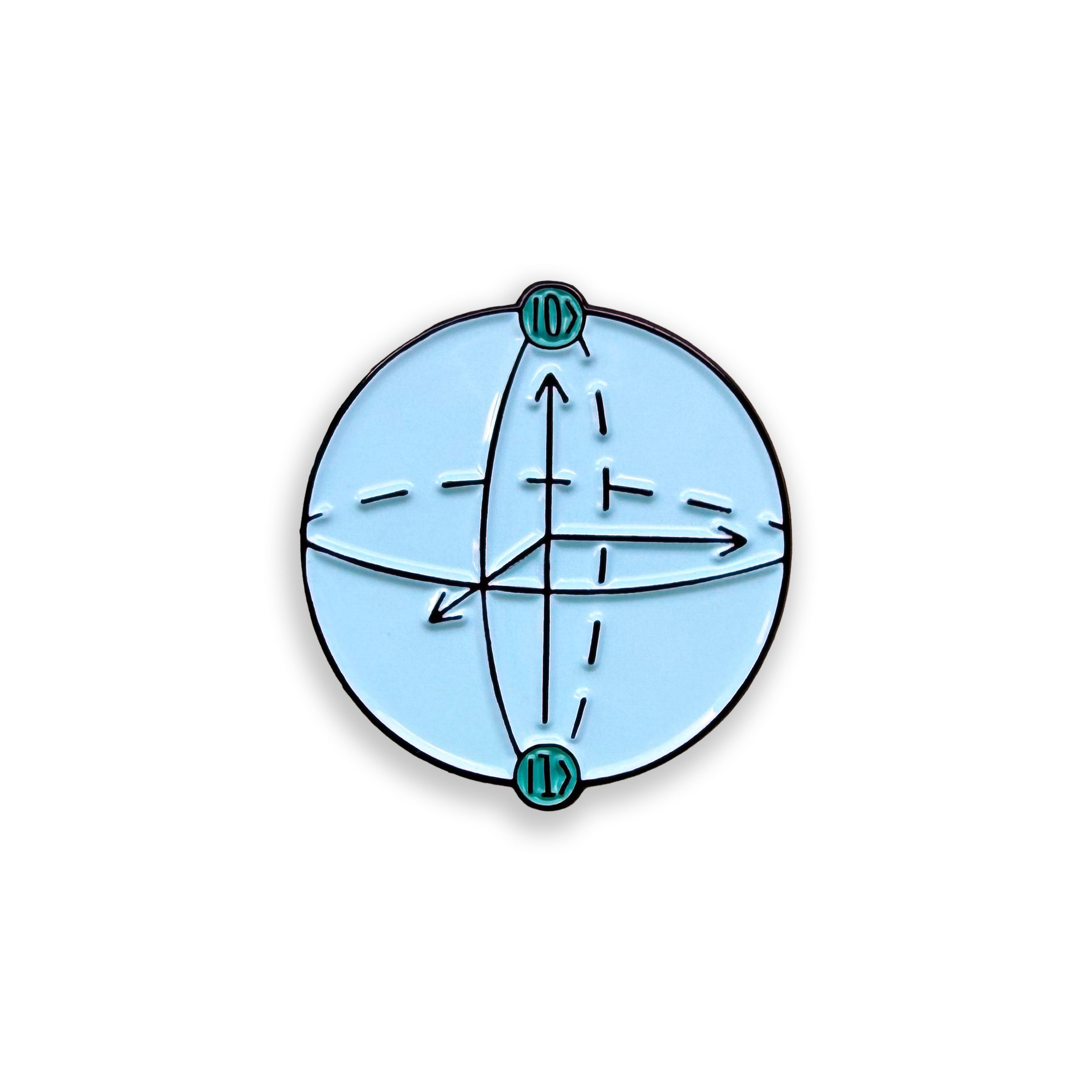 Qubit Bloch sphere blue enamel pin badge on white background