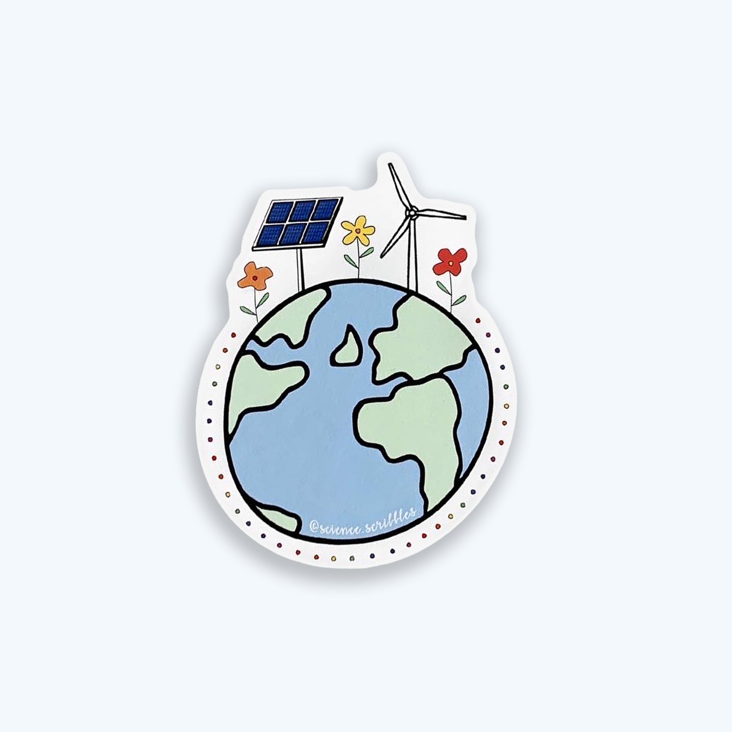 Sticker with a stylized Earth, solar panel, wind turbine, and flowers on a white background.