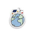 Sticker with a globe, solar panel, and wind turbine on a white background