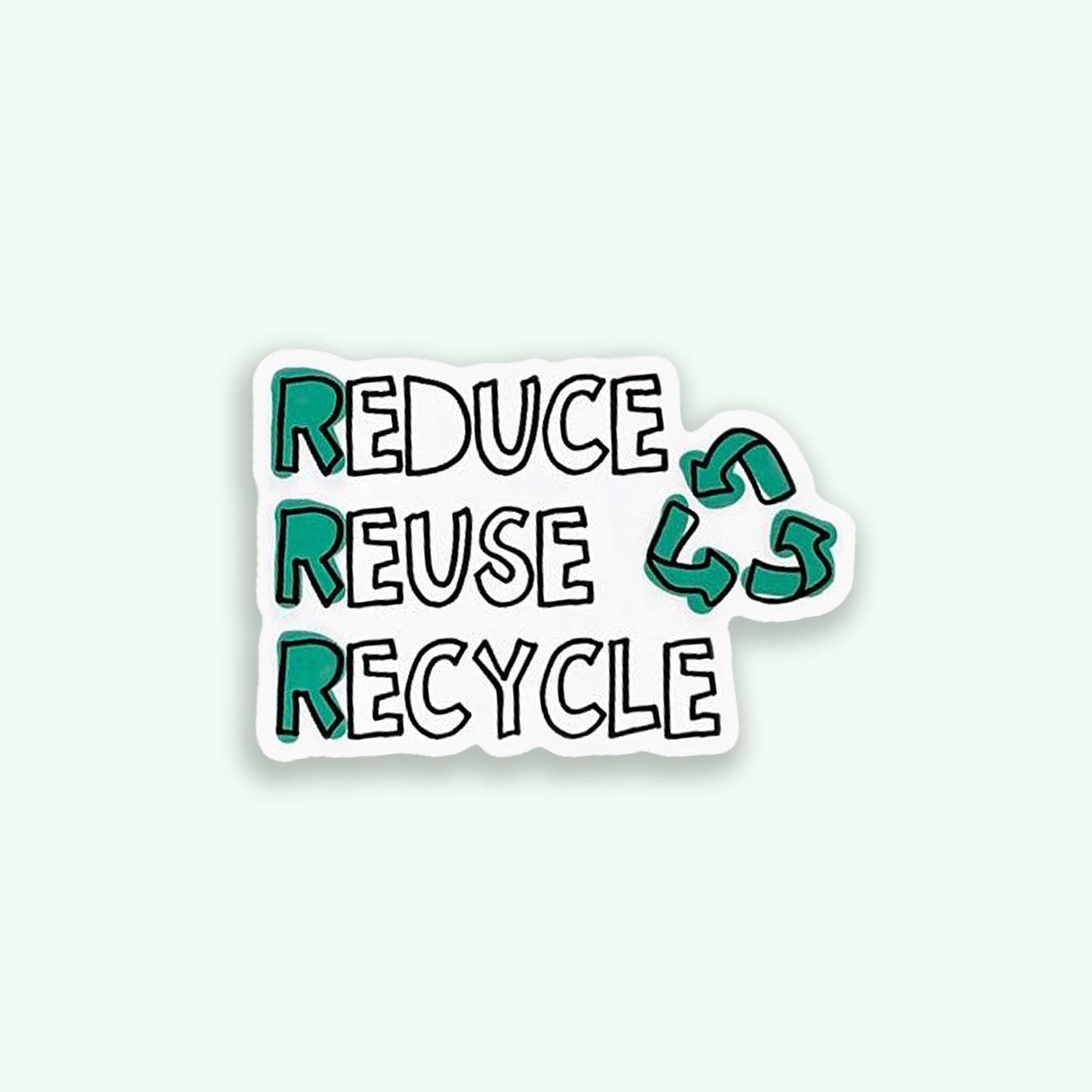 Sticker with 'Reduce Reuse Recycle' text on a green background