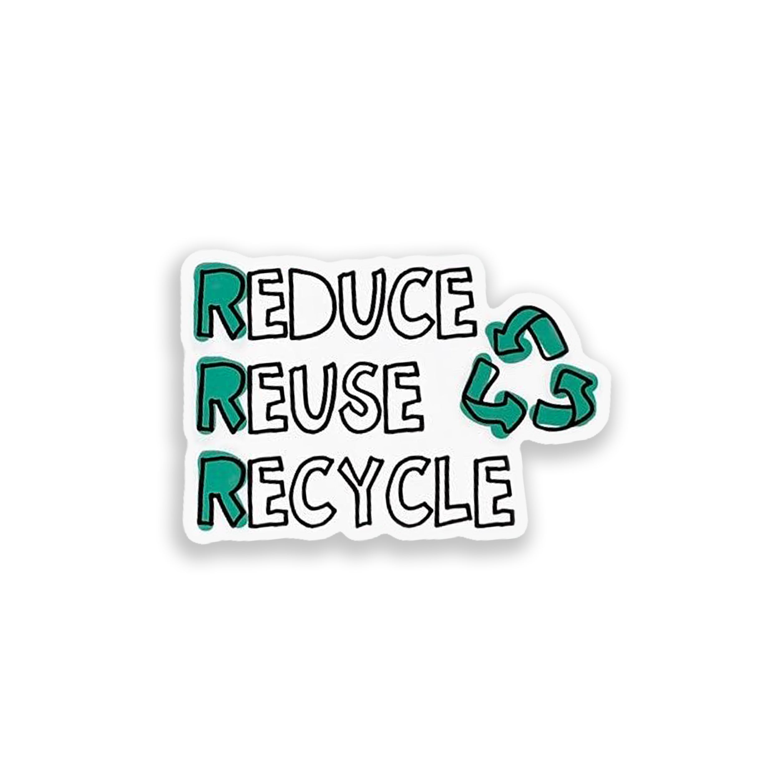 Sticker with 'Reduce Reuse Recycle' text and recycling symbol on a white background