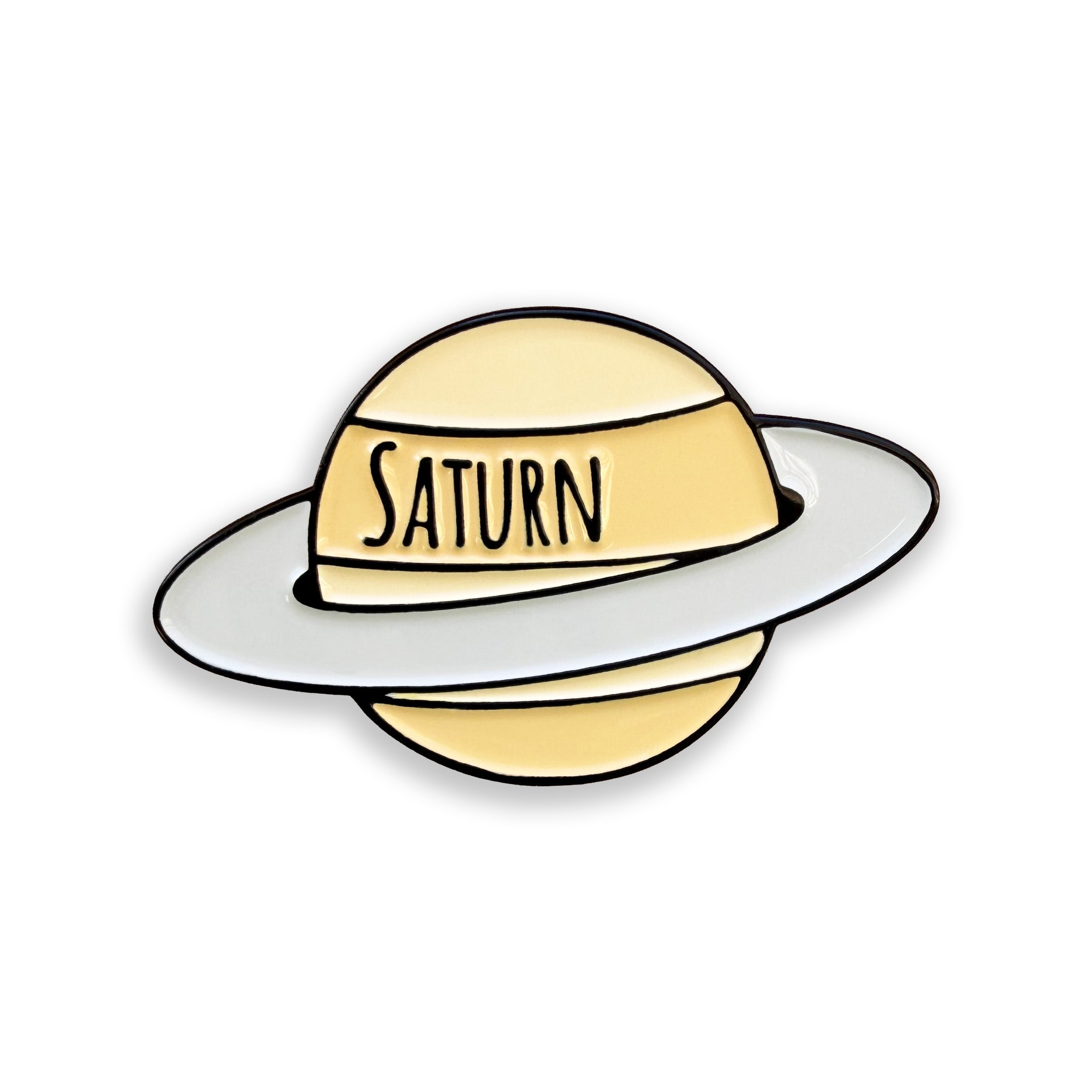 Saturn yellow enamel pin badge on white background
