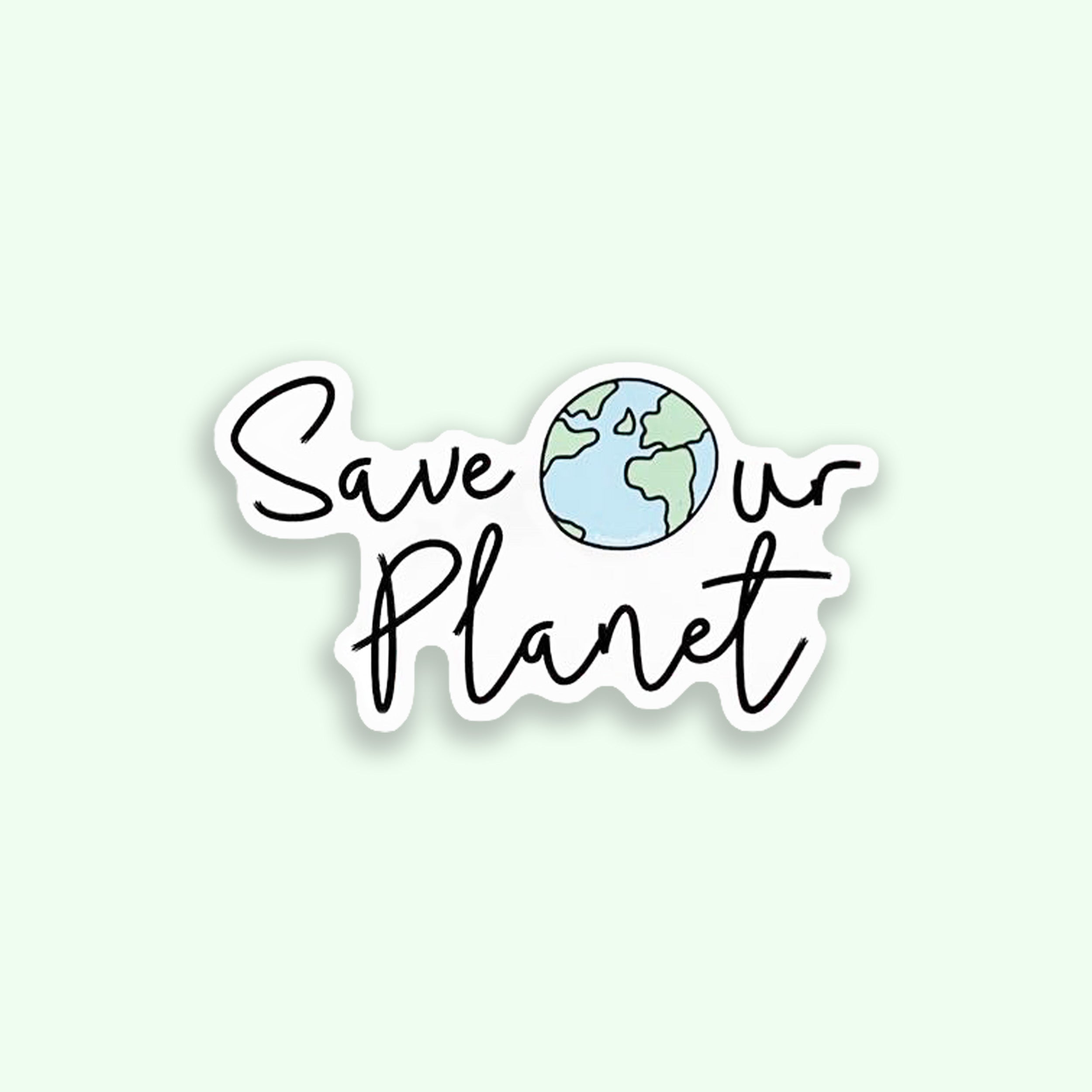 Sticker with 'Save Our Planet' text and a globe icon on a light green background