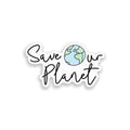 Sticker with 'Save Our Planet' text and a globe icon on a white background