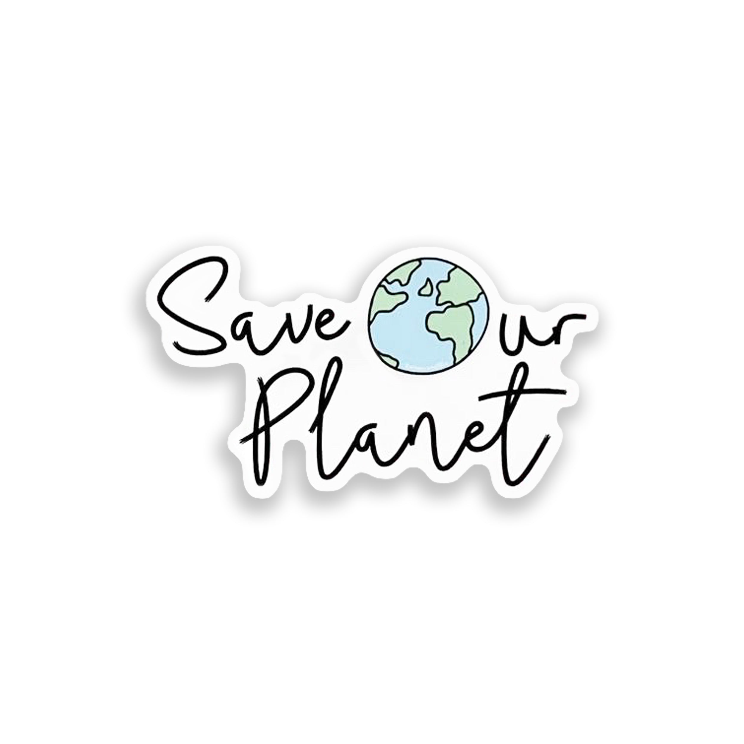 Sticker with 'Save Our Planet' text and a globe icon on a white background