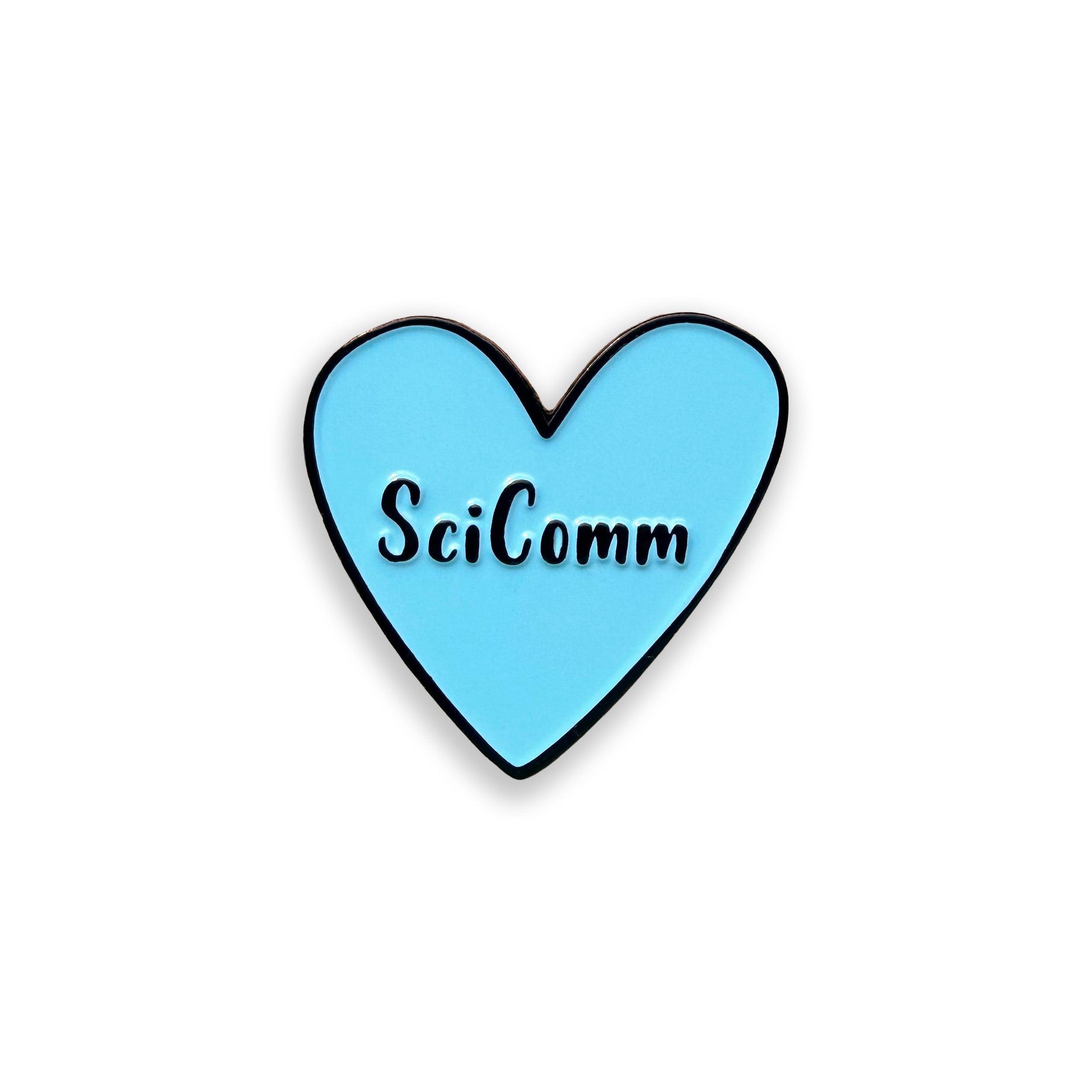 Blue heart-shaped sticker with 'SciComm' text on a white background