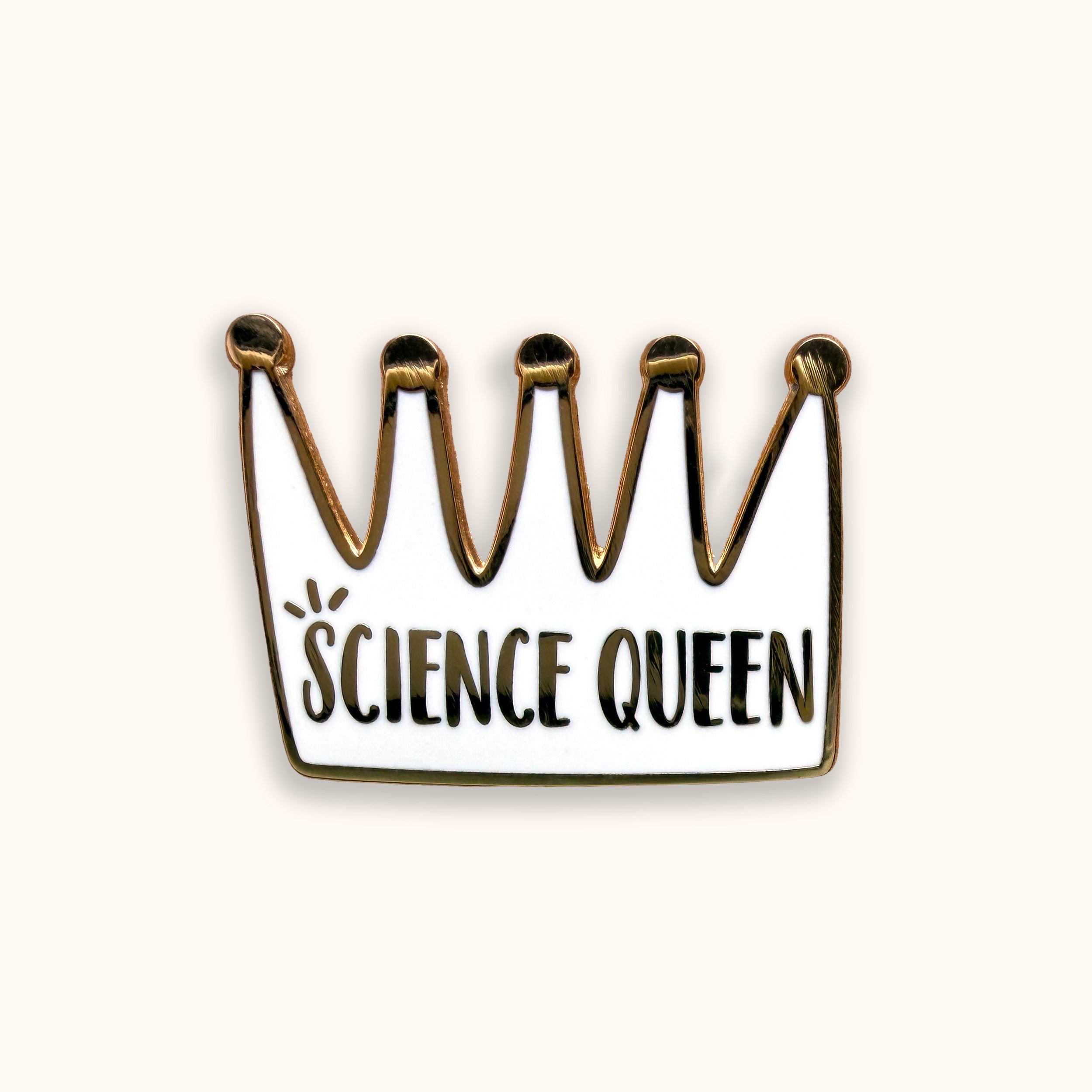 Crown-shaped badge with 'Science Queen' text on a orange background