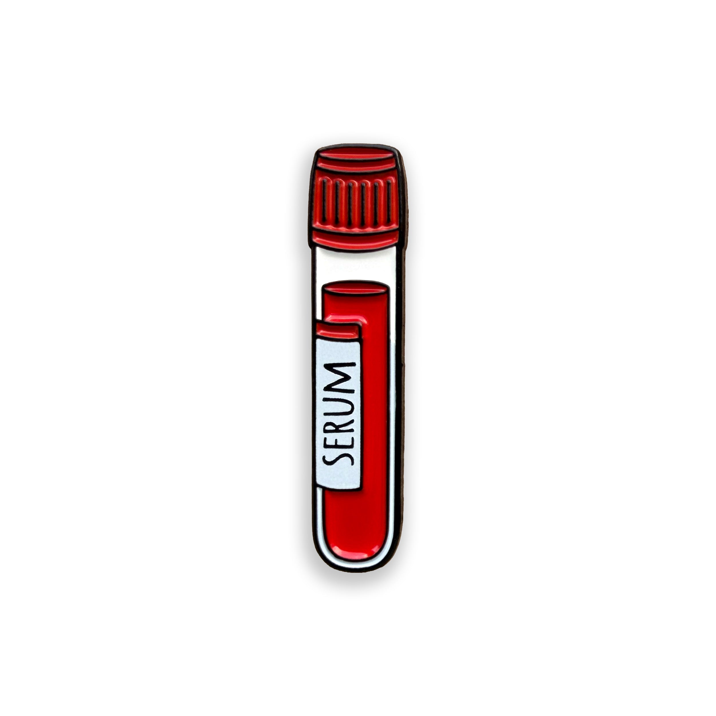 Serum red top blood tube enamel pin badge on white background