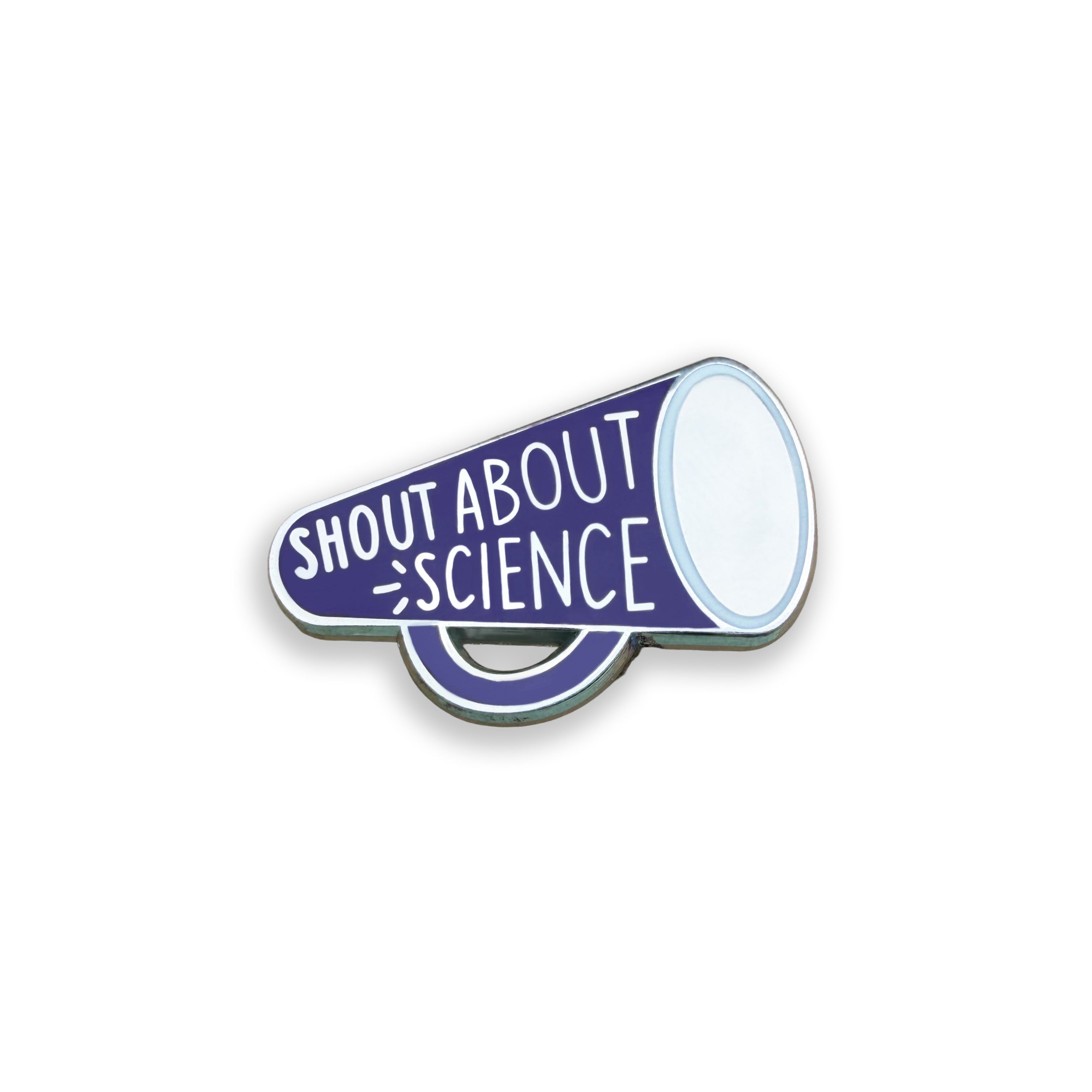 Pin with megaphone design and 'Shout About Science' text on a white background