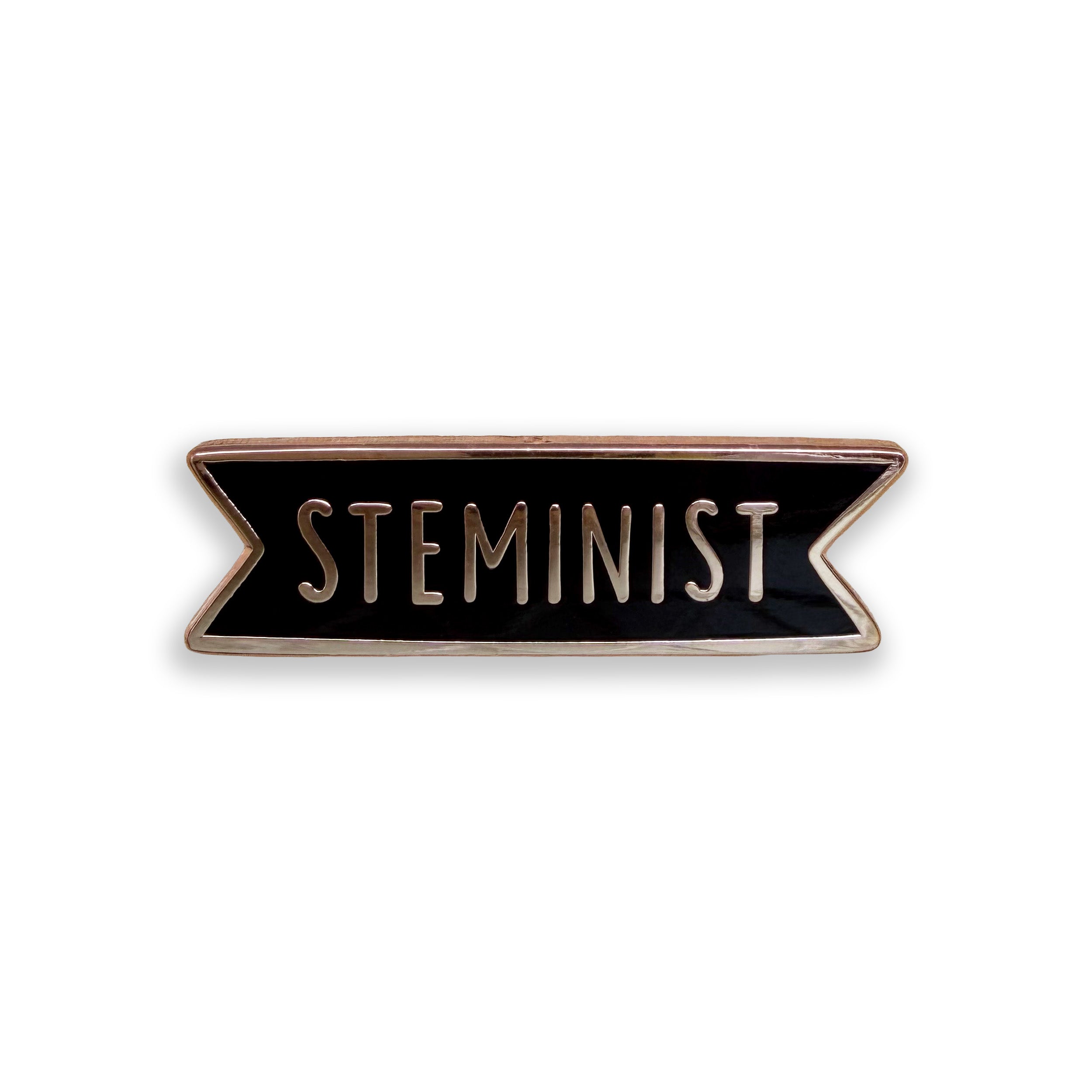 Steminist enamel pin badge with rose gold plating on white background