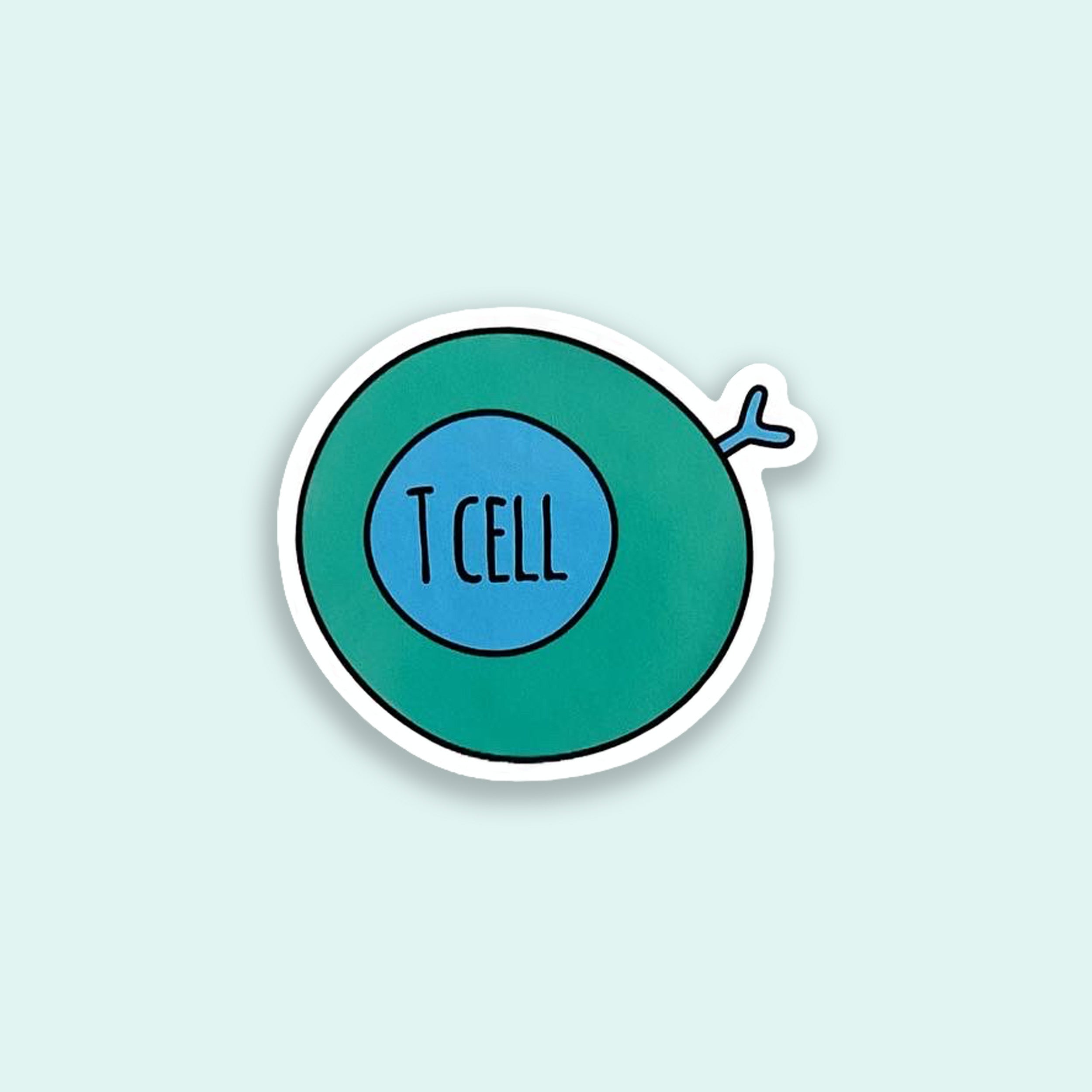 Sticker with 'T CELL' text on a green circle against a light blue background