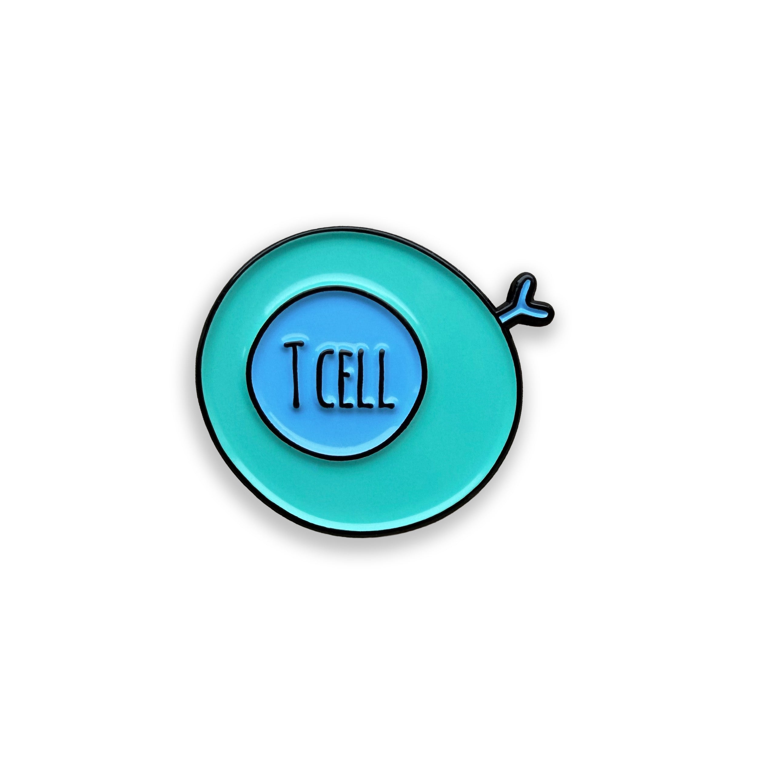 Enamel pin with 'T CELL' text on a white background