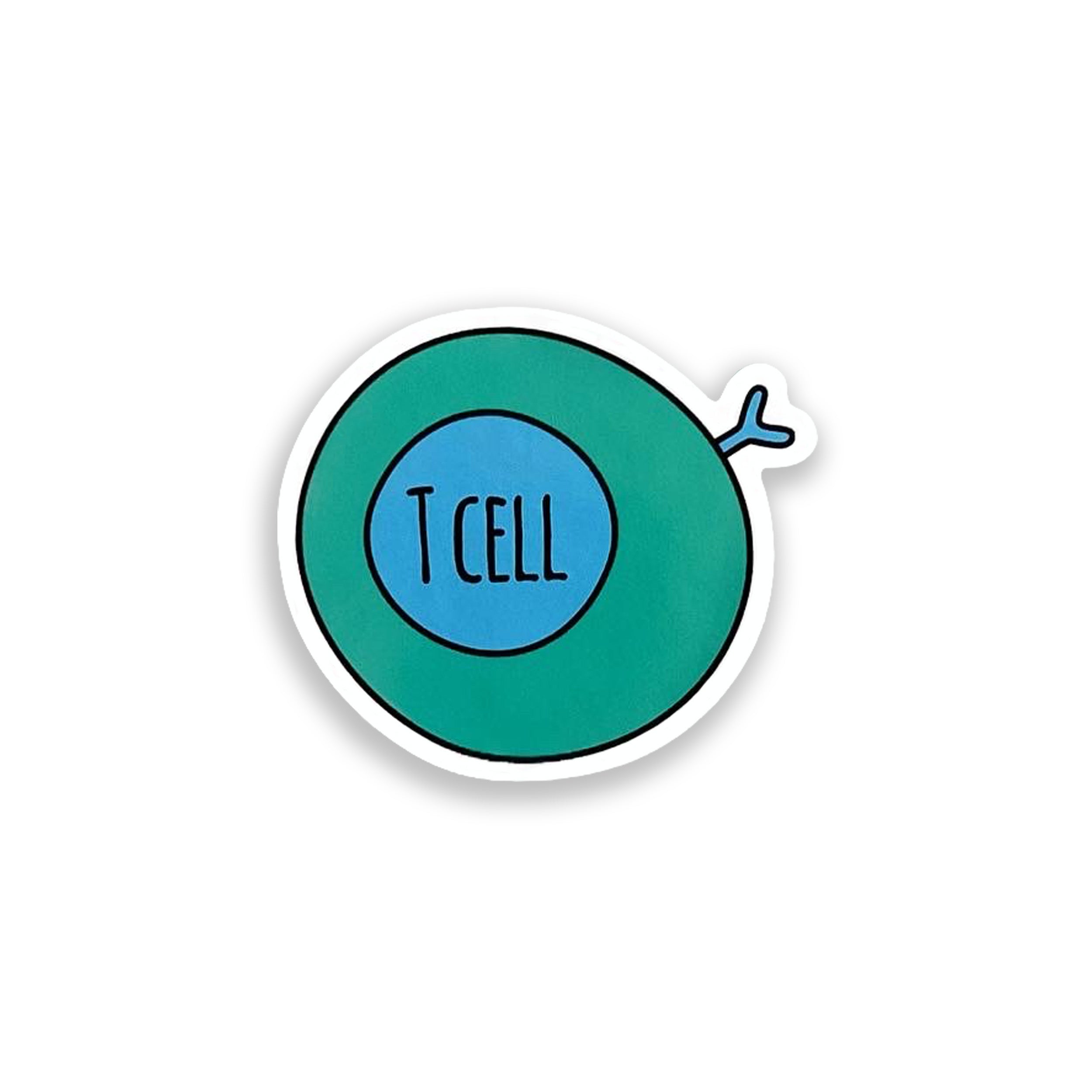 Sticker with 'T CELL' text on a white background