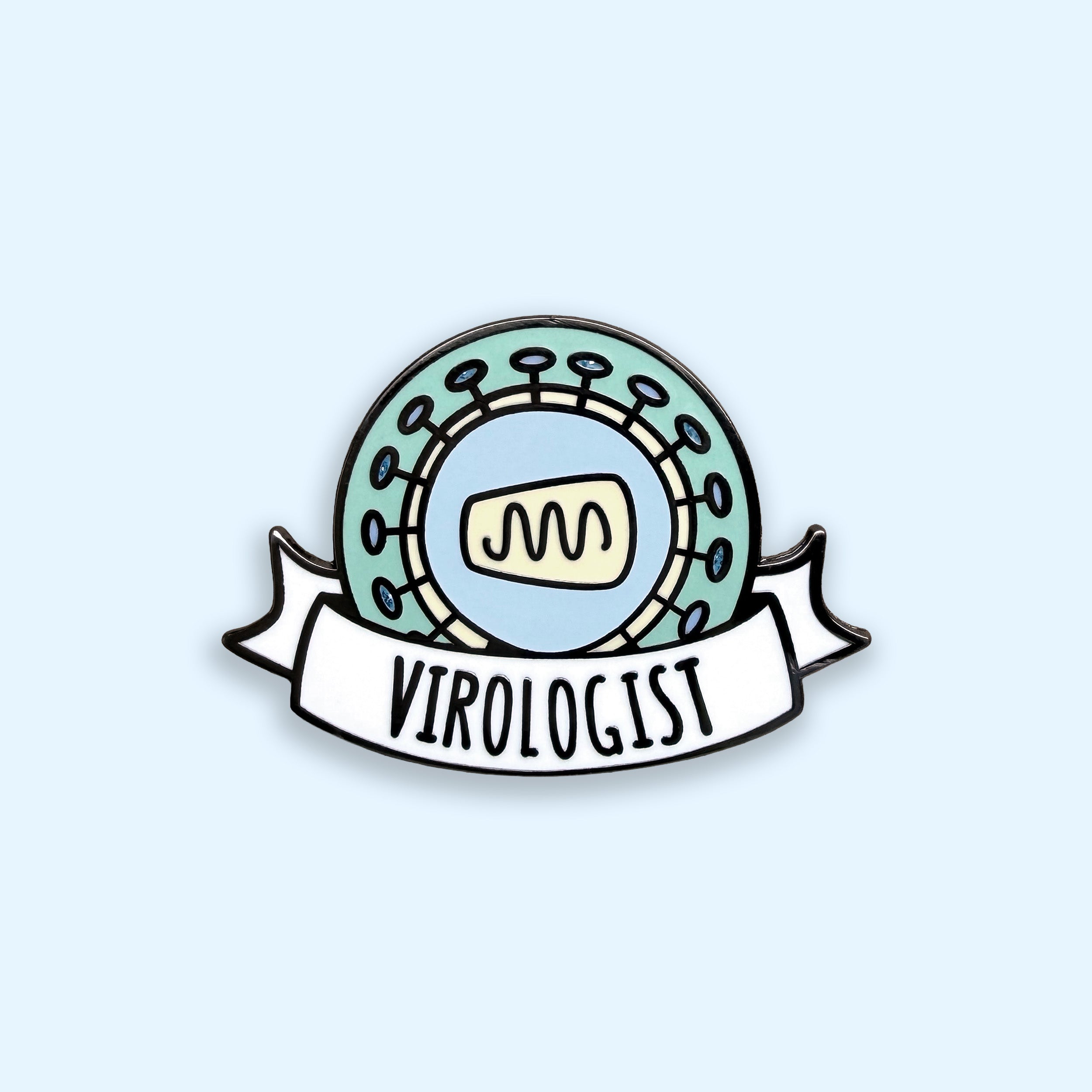 Pin with 'Virologist' text and virus design on a light blue background